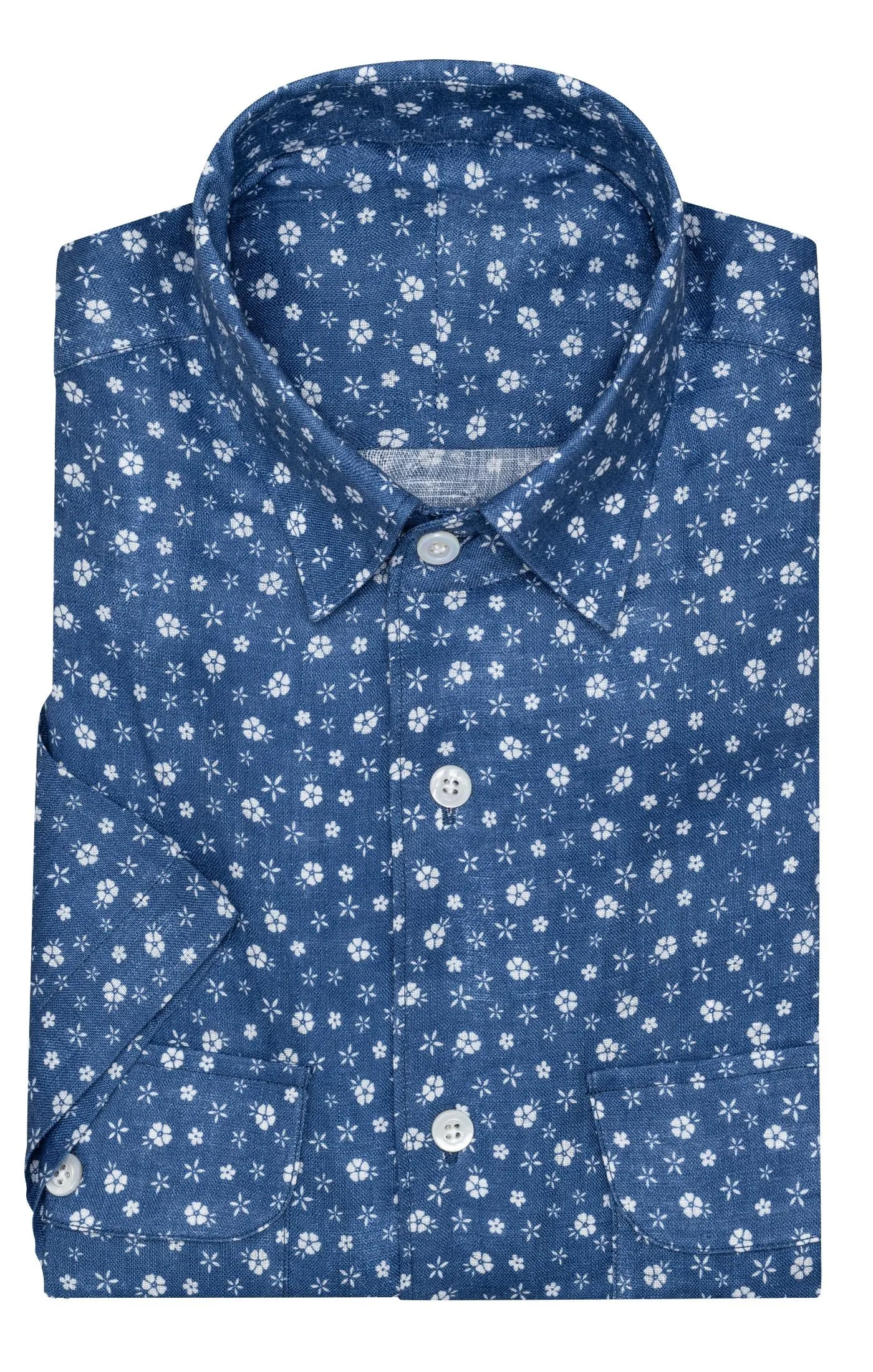 Testa Navy Blue with White Small Hawaiian Flowers Pure Organic Linen