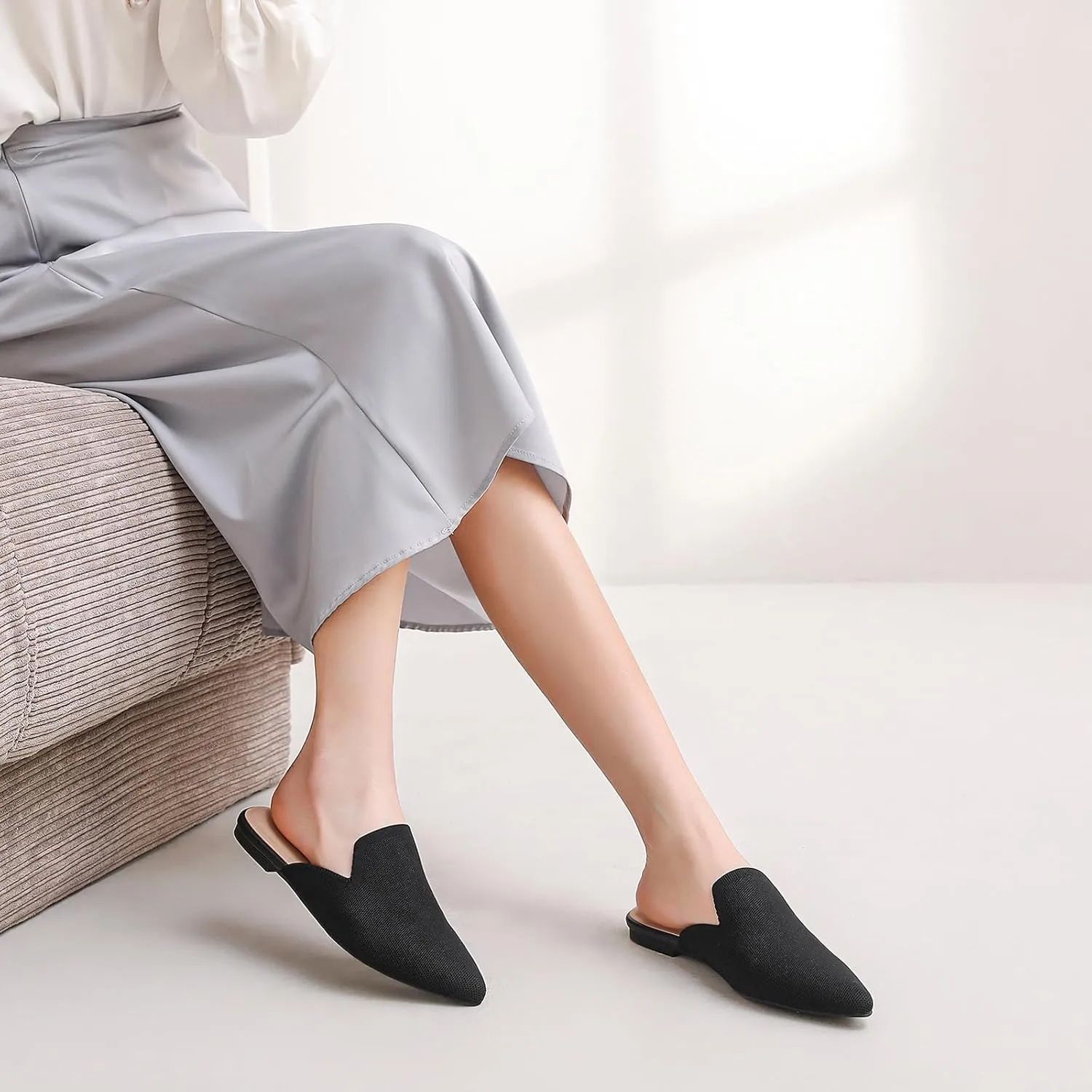 Tilocow Knit Mules for Women Flats Pointed Toe Mesh Ballet Flat Womens Slip On Slides Walking Shoes