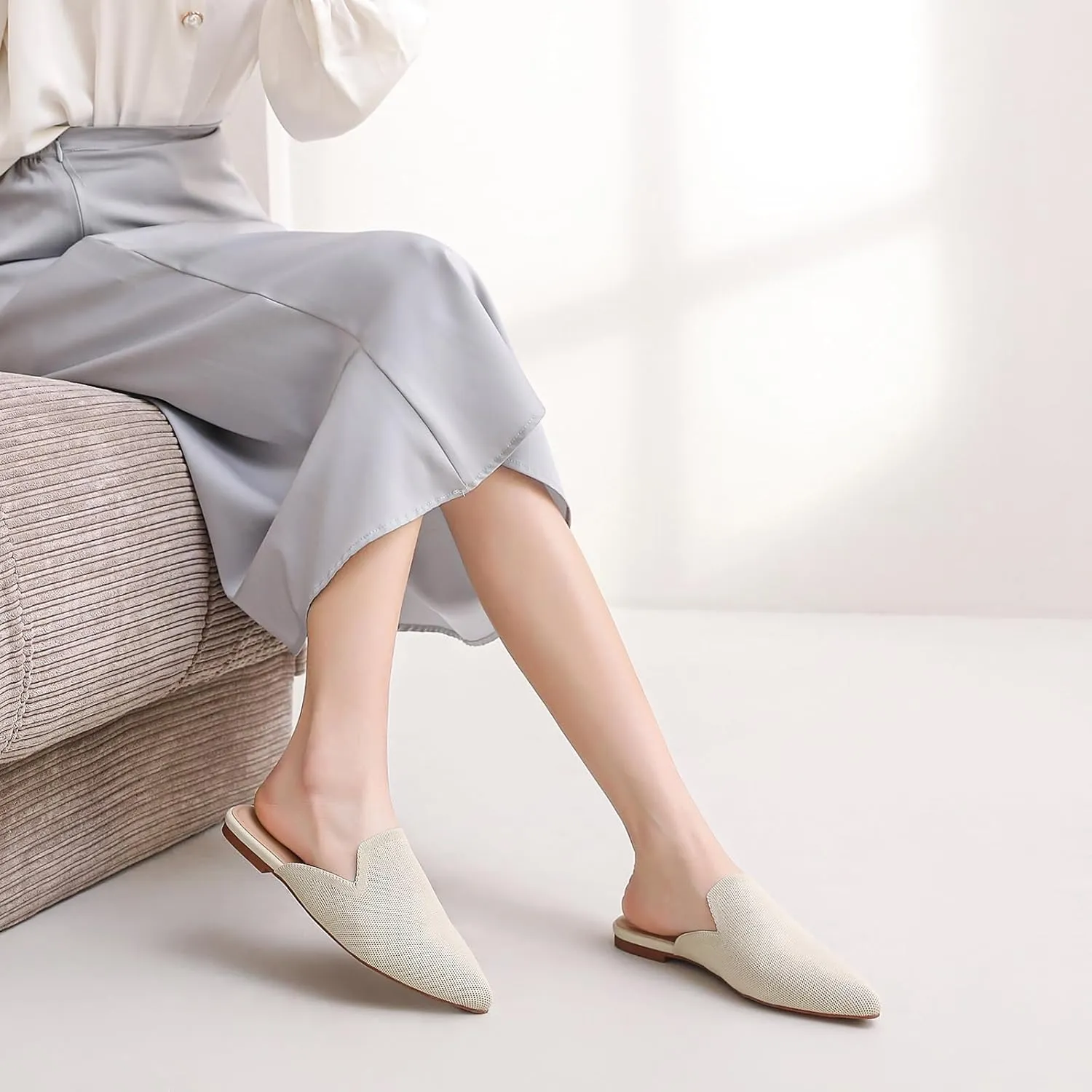 Tilocow Knit Mules for Women Flats Pointed Toe Mesh Ballet Flat Womens Slip On Slides Walking Shoes