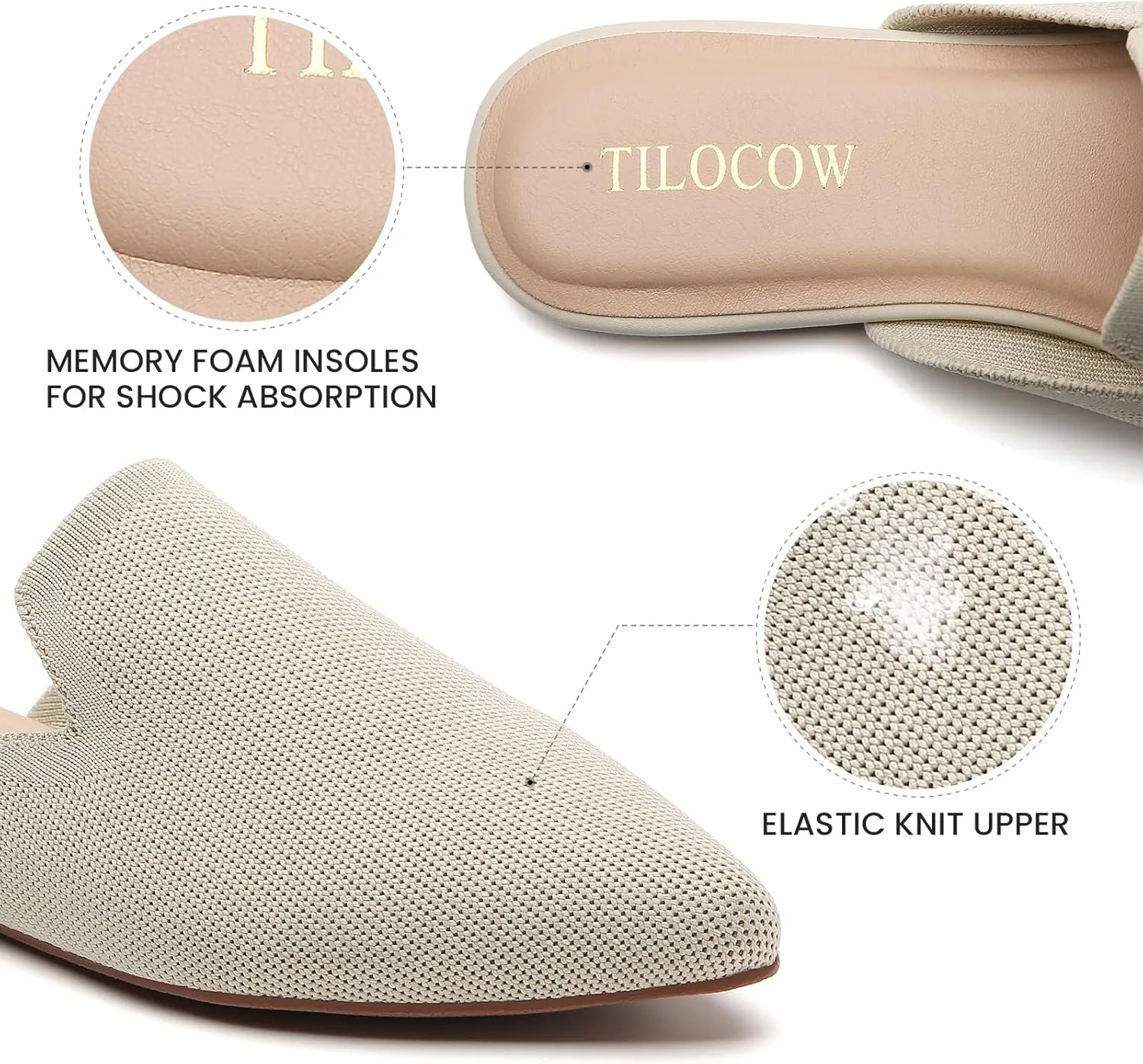 Tilocow Knit Mules for Women Flats Pointed Toe Mesh Ballet Flat Womens Slip On Slides Walking Shoes
