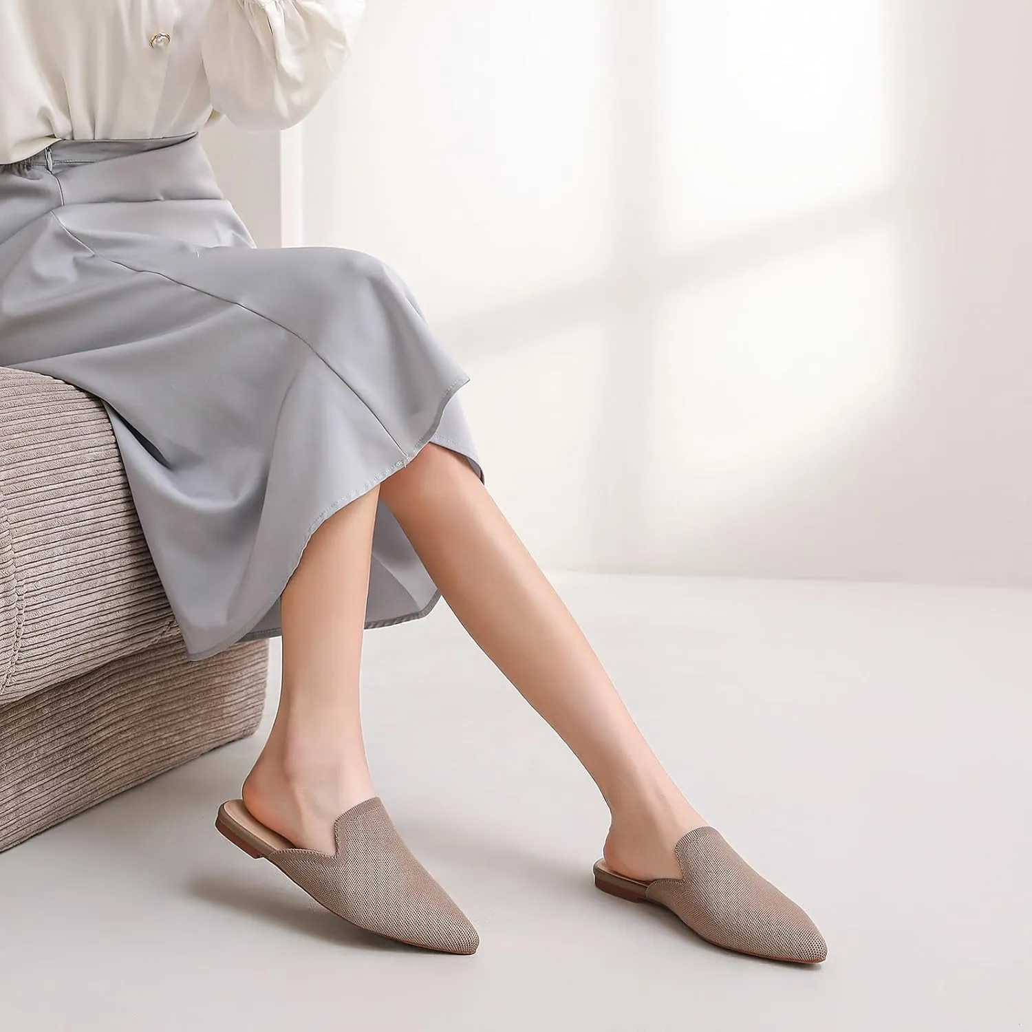 Tilocow Knit Mules for Women Flats Pointed Toe Mesh Ballet Flat Womens Slip On Slides Walking Shoes