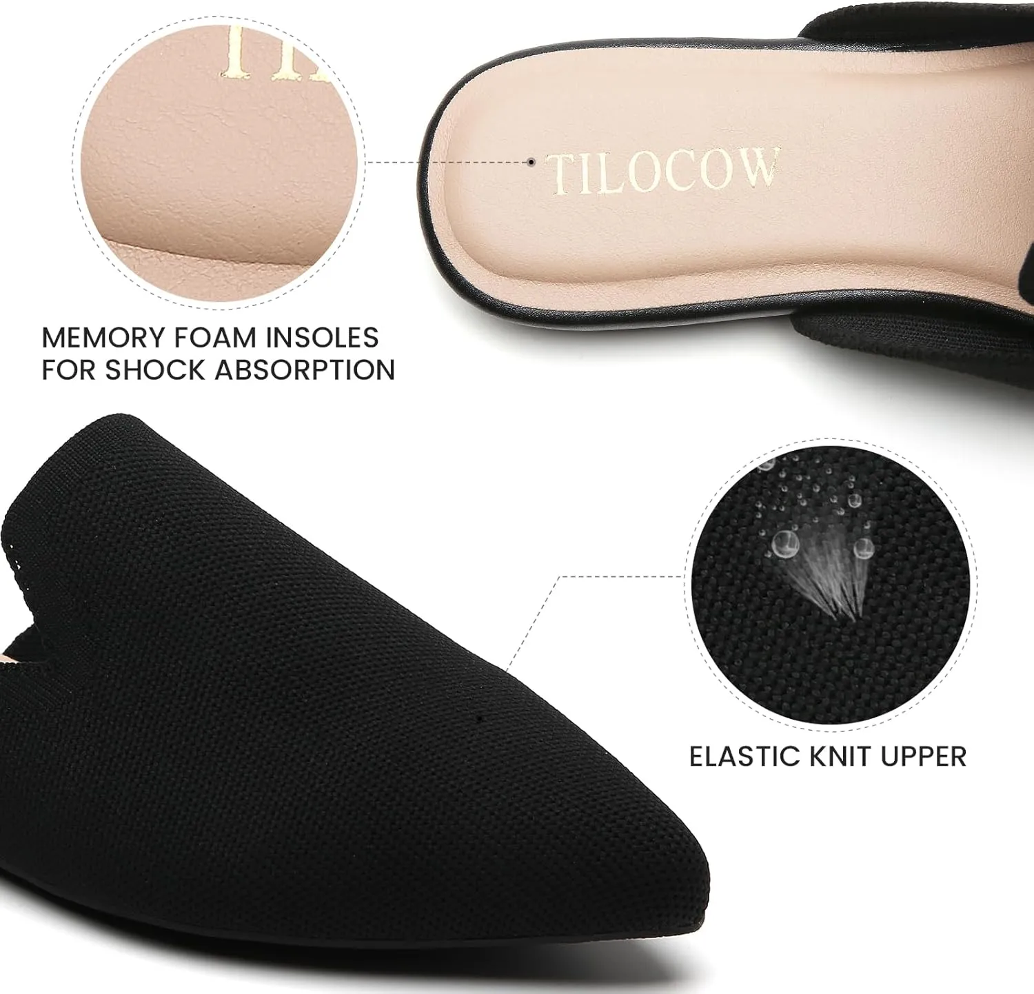Tilocow Knit Mules for Women Flats Pointed Toe Mesh Ballet Flat Womens Slip On Slides Walking Shoes