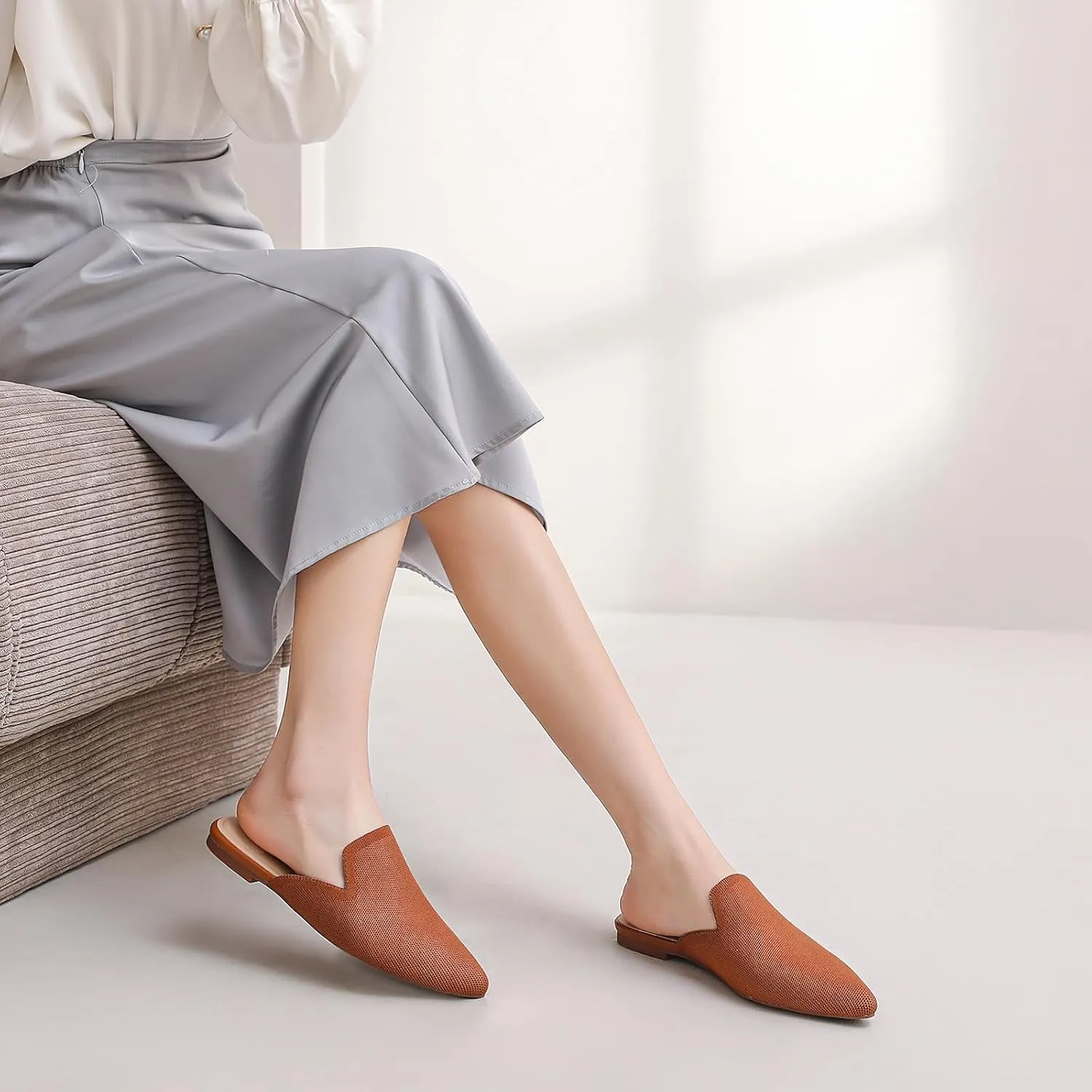 Tilocow Knit Mules for Women Flats Pointed Toe Mesh Ballet Flat Womens Slip On Slides Walking Shoes