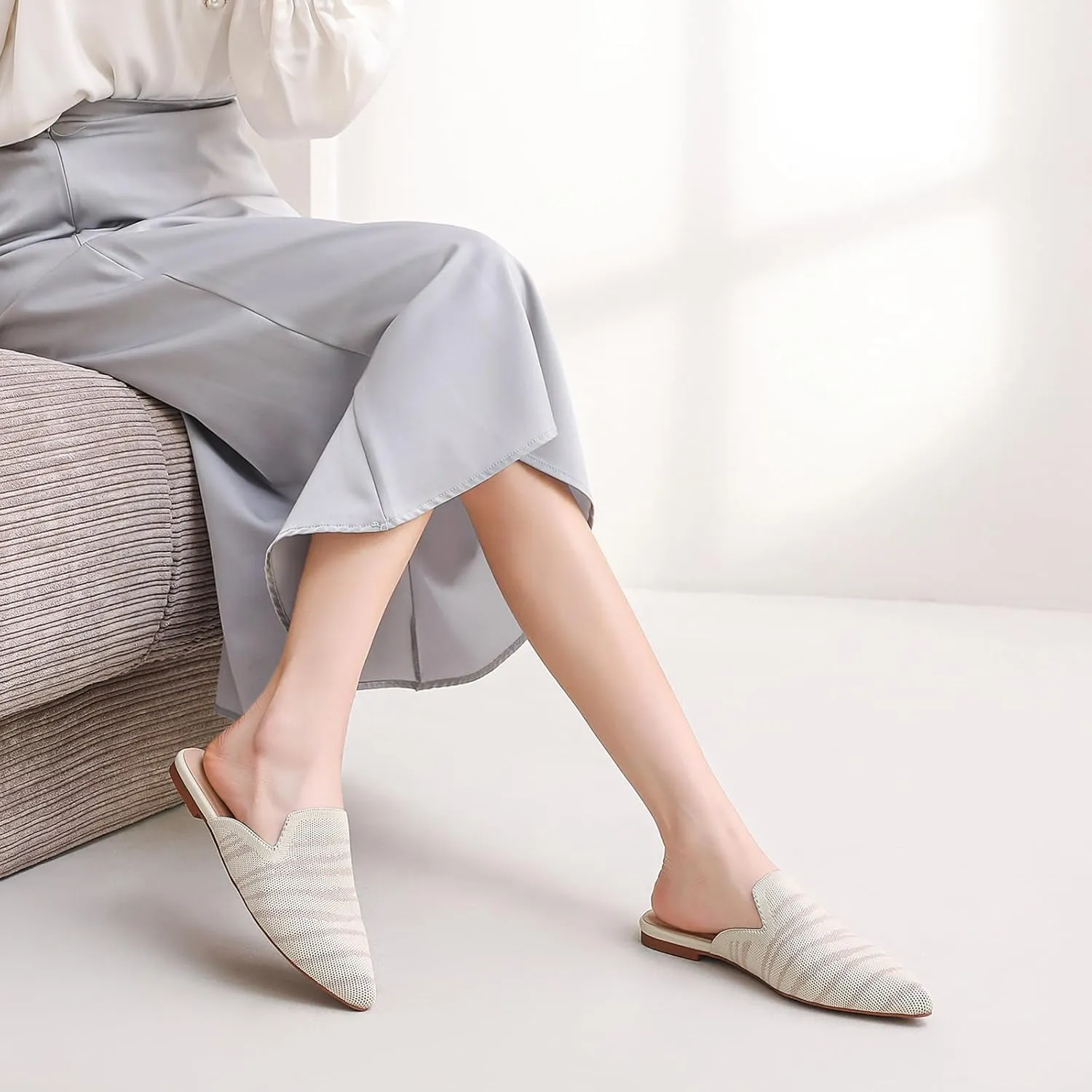 Tilocow Knit Mules for Women Flats Pointed Toe Mesh Ballet Flat Womens Slip On Slides Walking Shoes