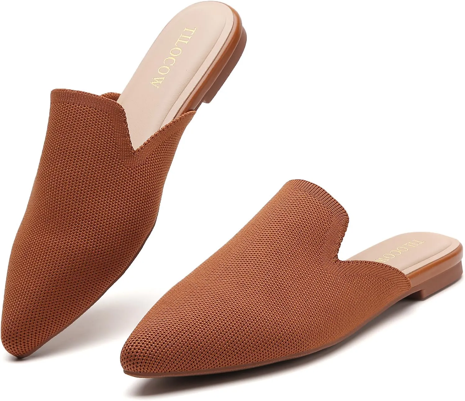 Tilocow Knit Mules for Women Flats Pointed Toe Mesh Ballet Flat Womens Slip On Slides Walking Shoes