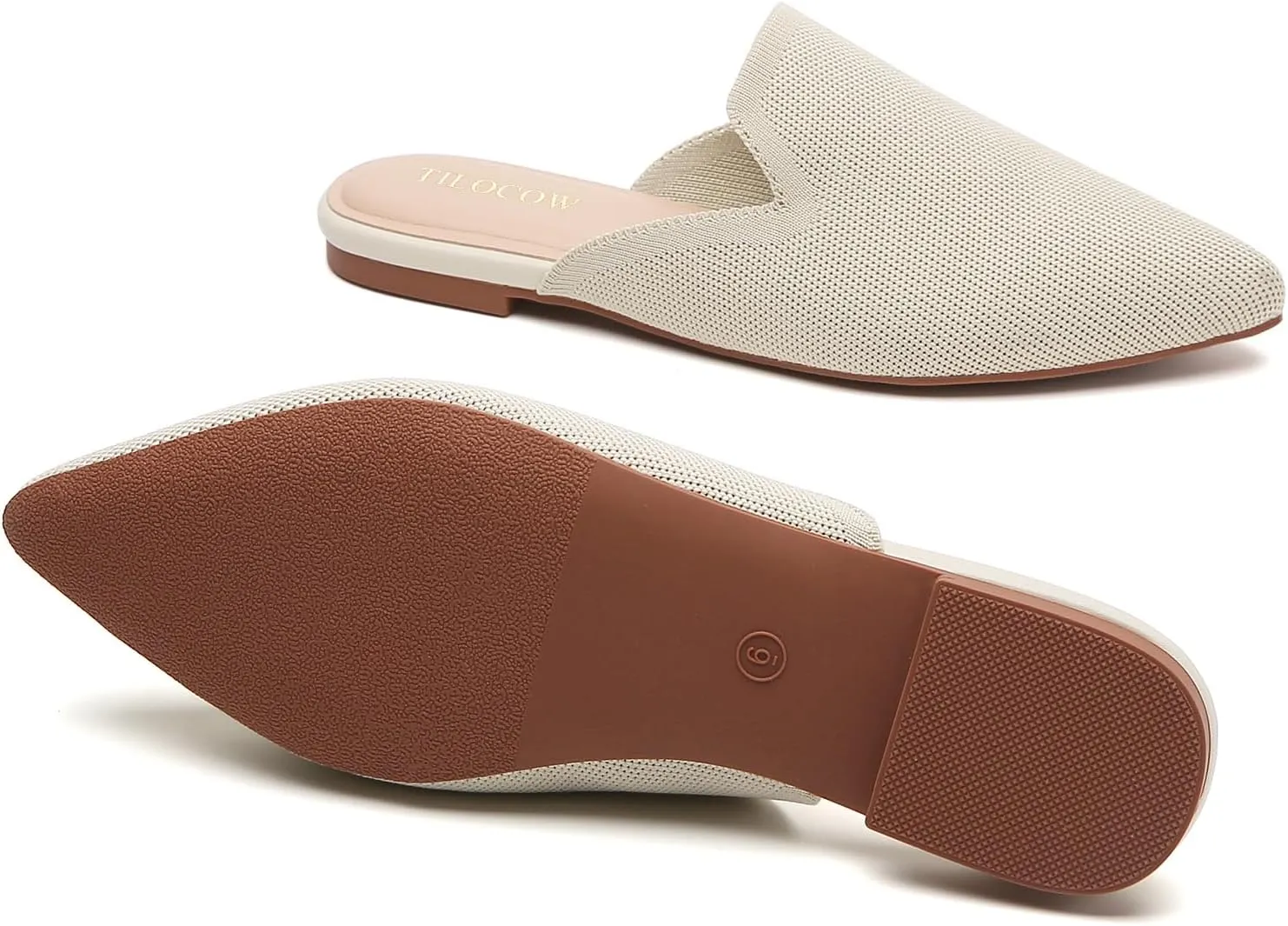 Tilocow Knit Mules for Women Flats Pointed Toe Mesh Ballet Flat Womens Slip On Slides Walking Shoes