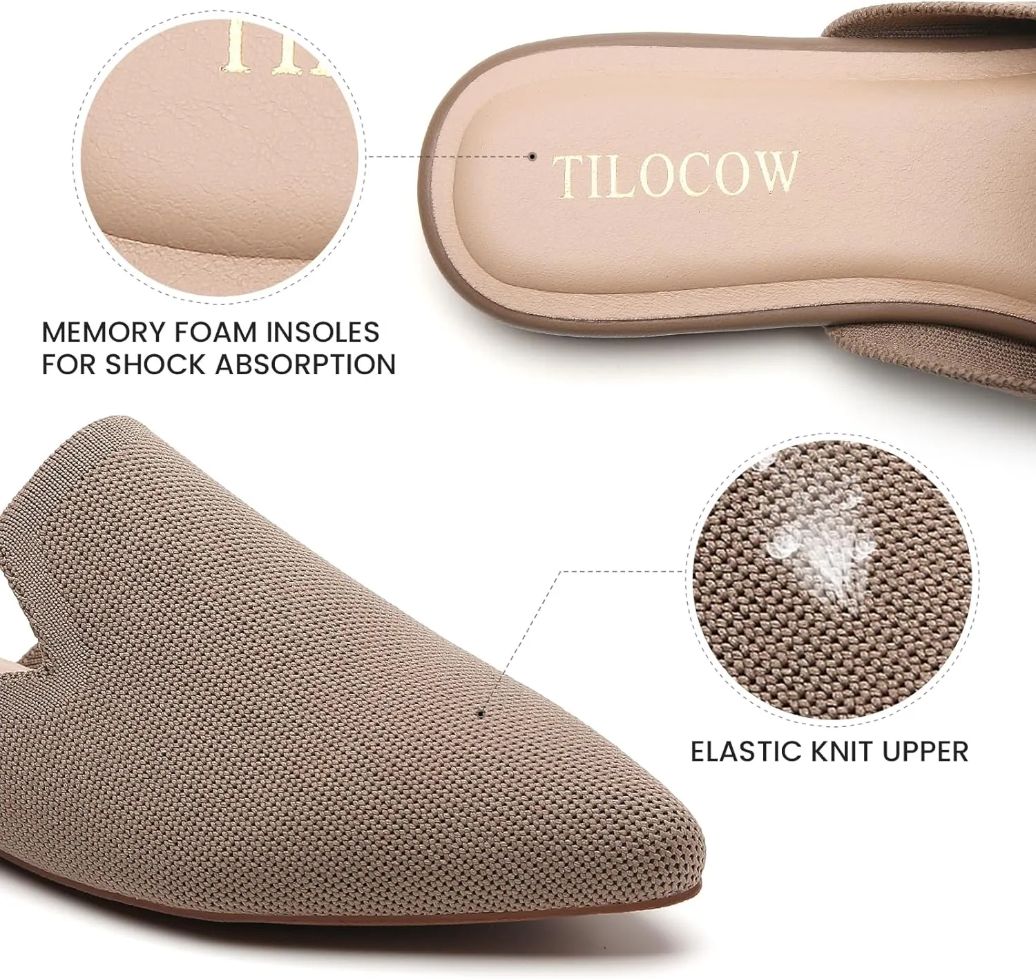 Tilocow Knit Mules for Women Flats Pointed Toe Mesh Ballet Flat Womens Slip On Slides Walking Shoes