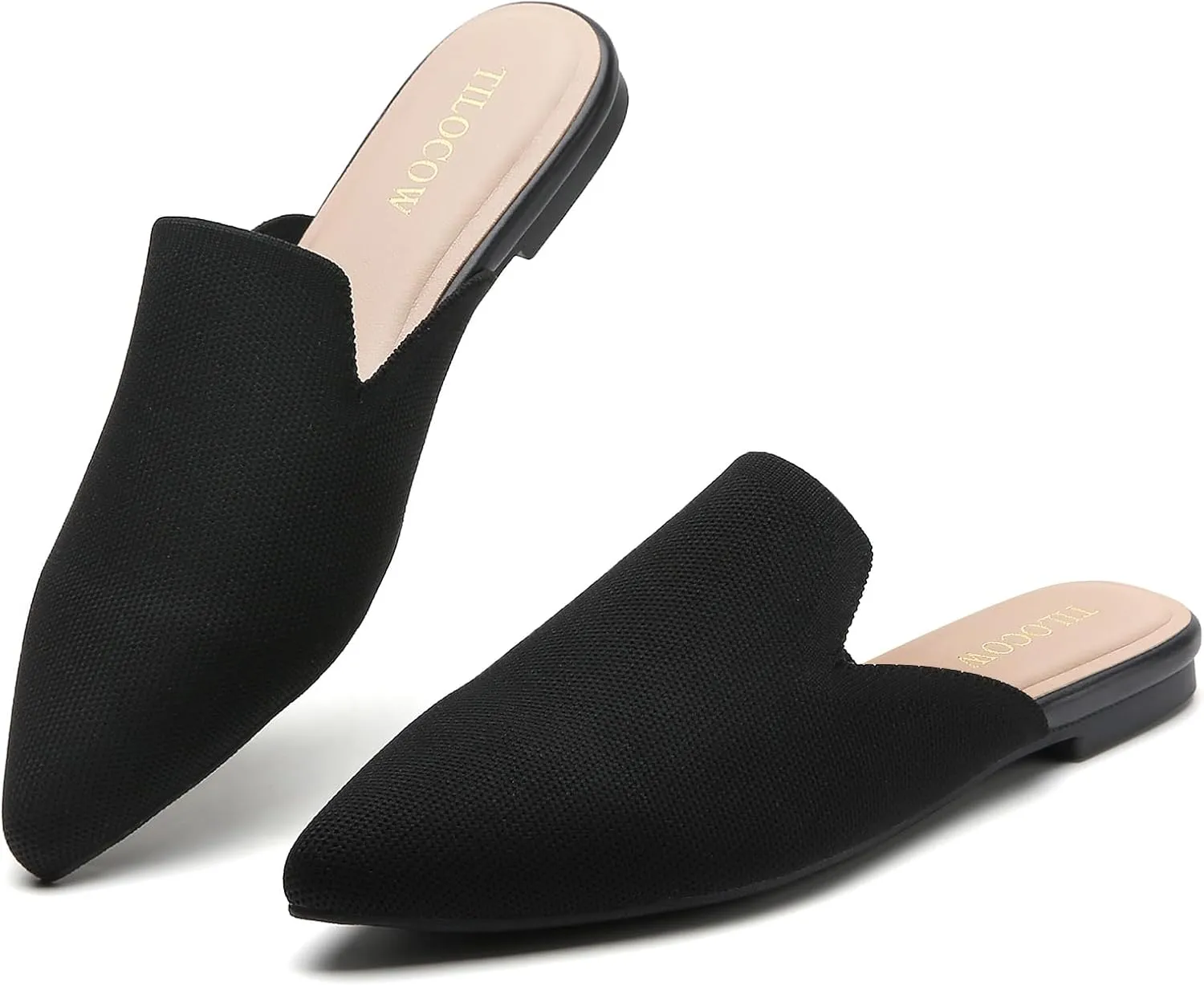 Tilocow Knit Mules for Women Flats Pointed Toe Mesh Ballet Flat Womens Slip On Slides Walking Shoes