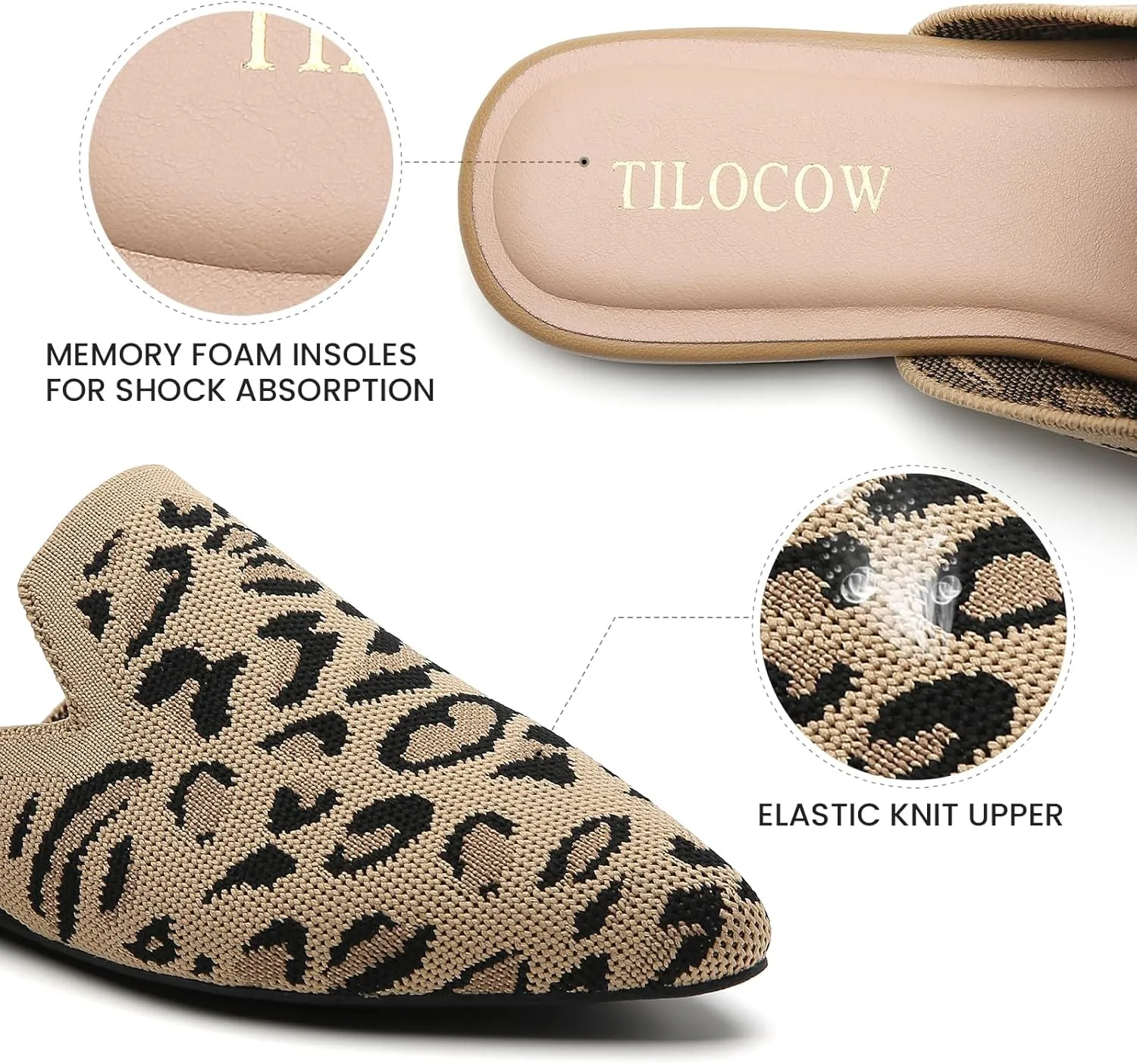 Tilocow Knit Mules for Women Flats Pointed Toe Mesh Ballet Flat Womens Slip On Slides Walking Shoes