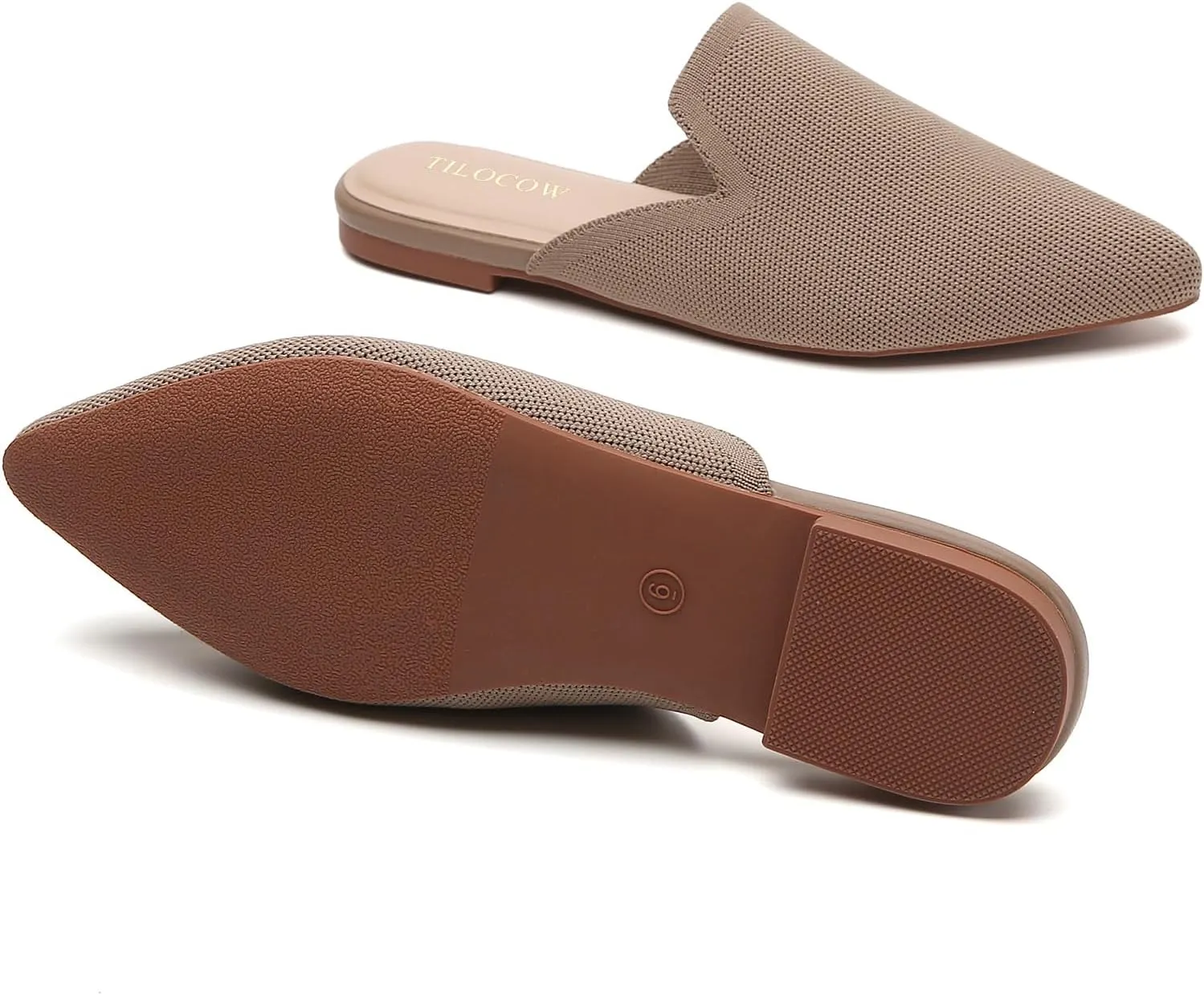 Tilocow Knit Mules for Women Flats Pointed Toe Mesh Ballet Flat Womens Slip On Slides Walking Shoes