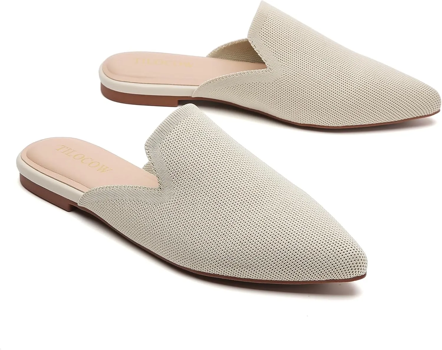 Tilocow Knit Mules for Women Flats Pointed Toe Mesh Ballet Flat Womens Slip On Slides Walking Shoes