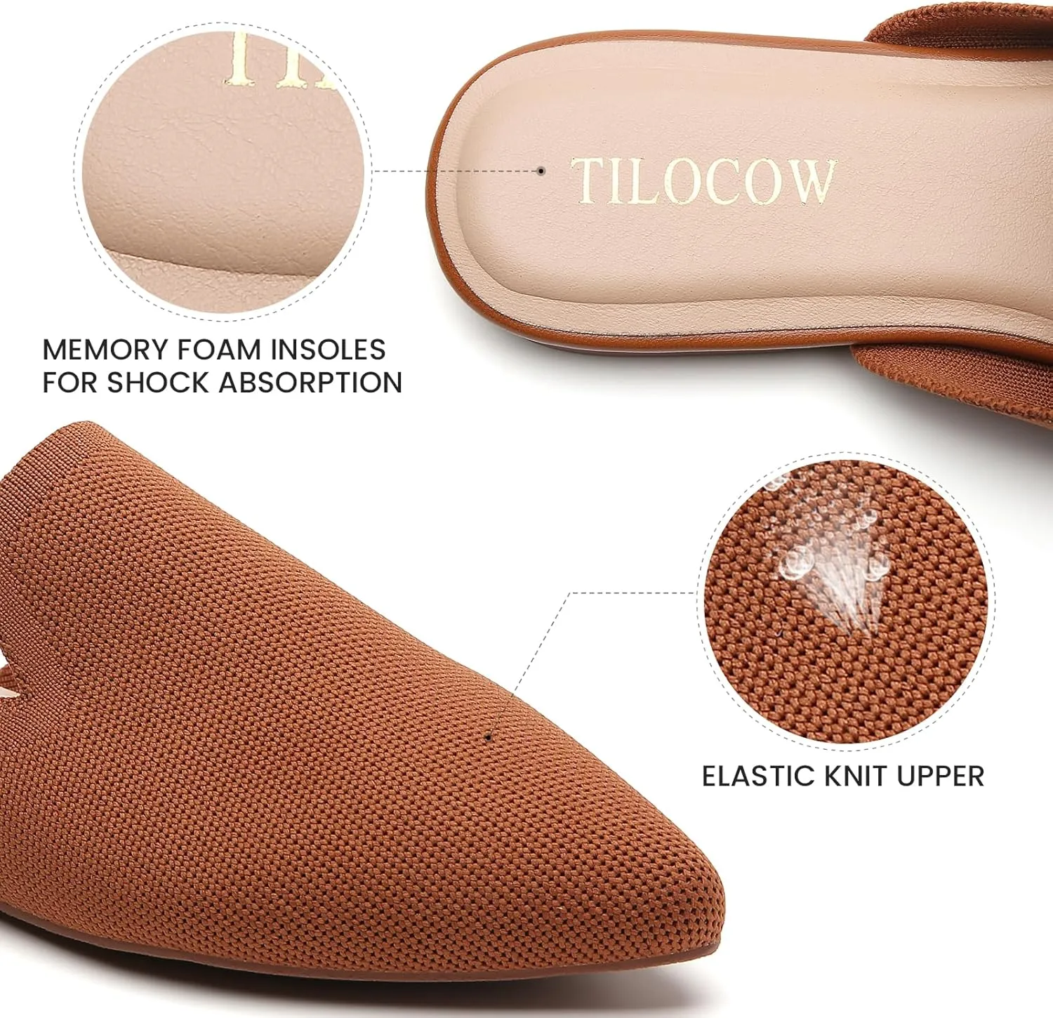 Tilocow Knit Mules for Women Flats Pointed Toe Mesh Ballet Flat Womens Slip On Slides Walking Shoes