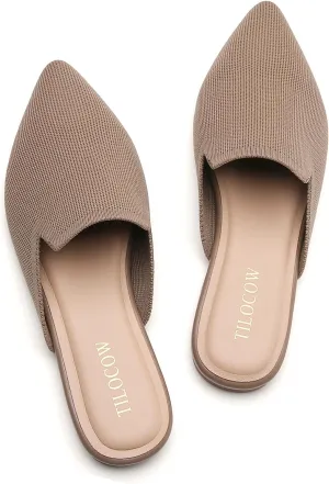 Tilocow Knit Mules for Women Flats Pointed Toe Mesh Ballet Flat Womens Slip On Slides Walking Shoes