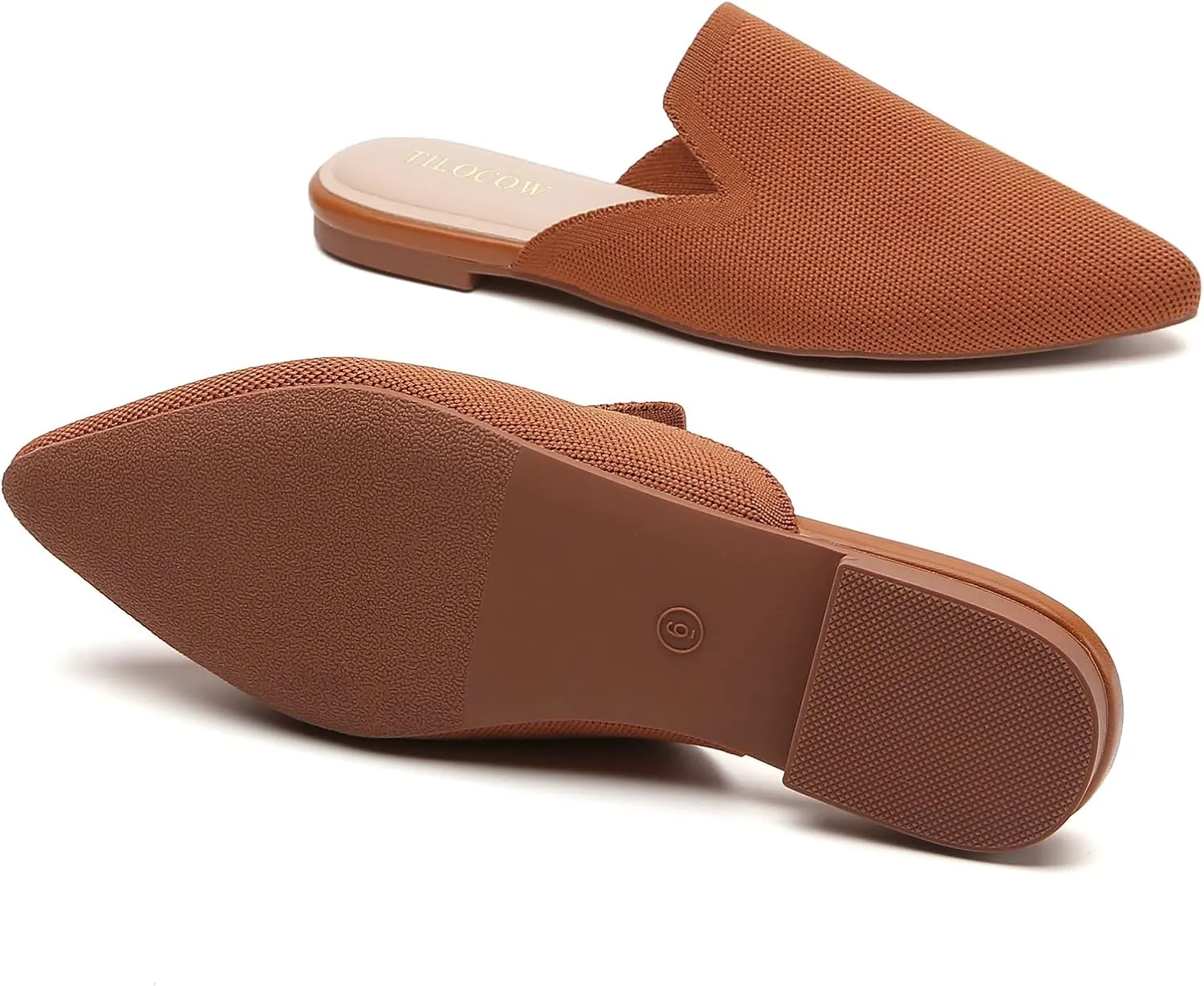 Tilocow Knit Mules for Women Flats Pointed Toe Mesh Ballet Flat Womens Slip On Slides Walking Shoes