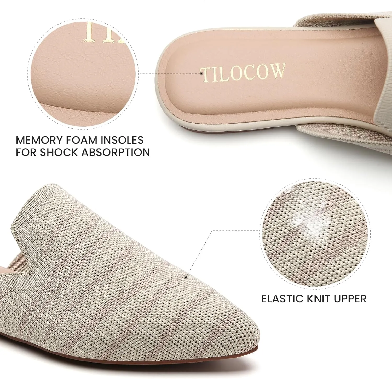 Tilocow Knit Mules for Women Flats Pointed Toe Mesh Ballet Flat Womens Slip On Slides Walking Shoes