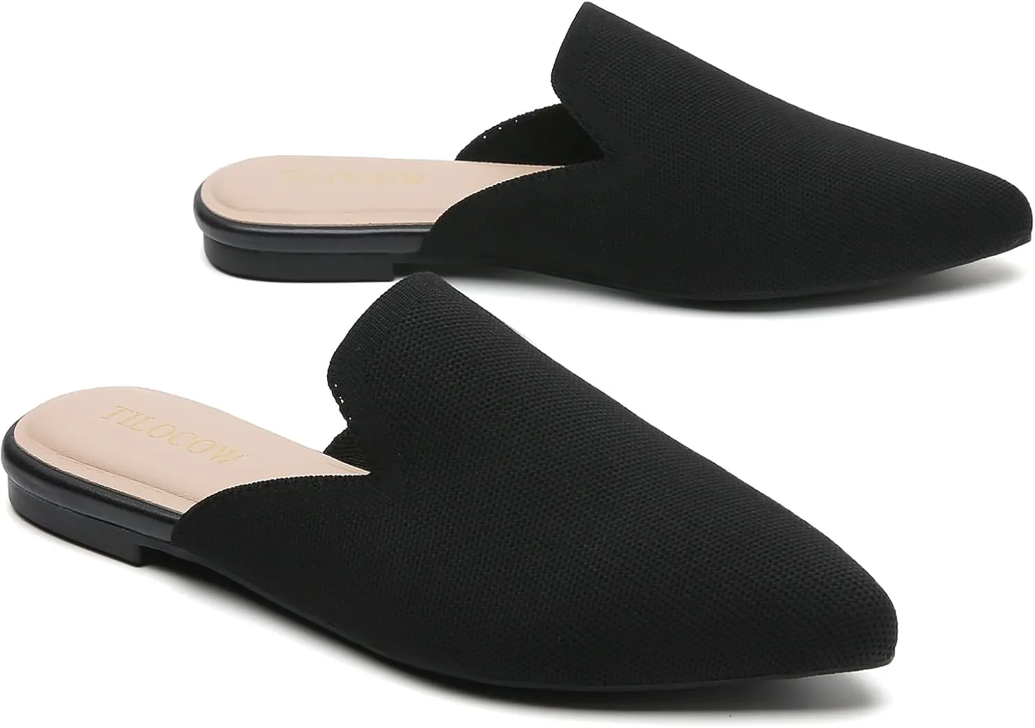 Tilocow Knit Mules for Women Flats Pointed Toe Mesh Ballet Flat Womens Slip On Slides Walking Shoes
