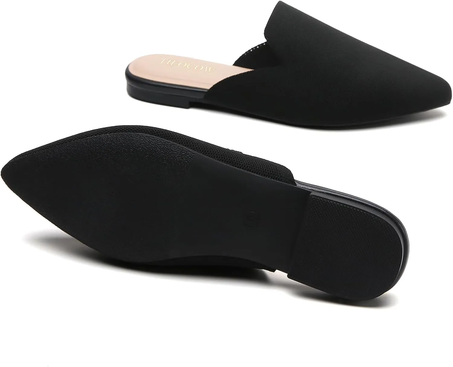 Tilocow Knit Mules for Women Flats Pointed Toe Mesh Ballet Flat Womens Slip On Slides Walking Shoes