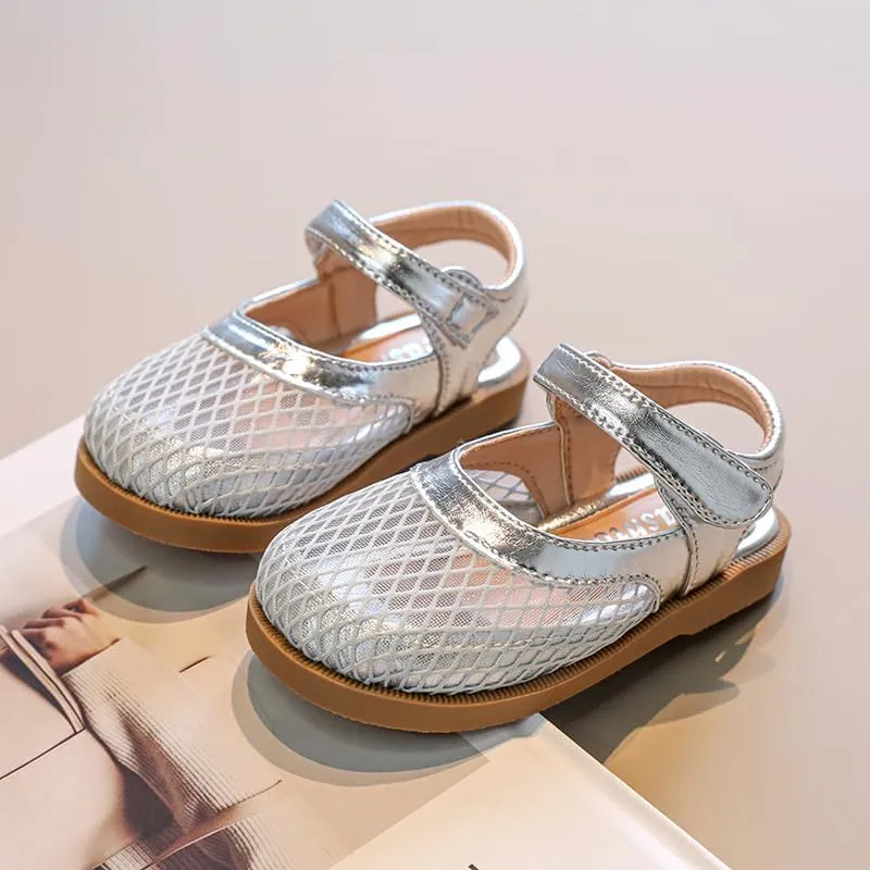 Toddler Girls Mesh Mary Jane Sandals, Hook and Loop Strap, Cream White with Brown Sole