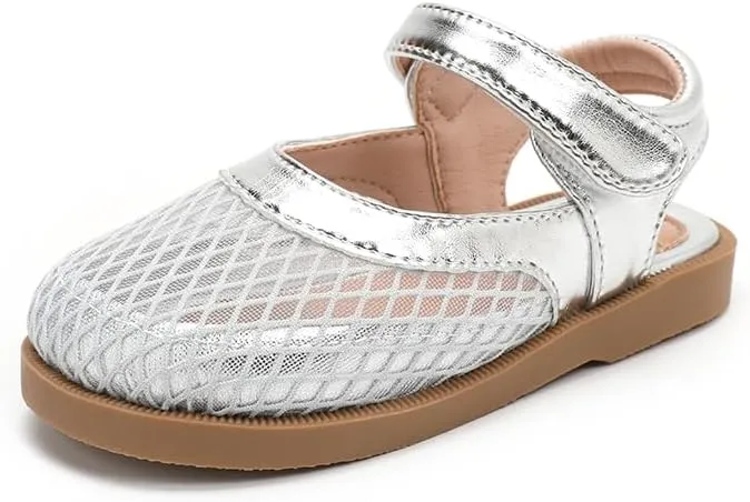 Toddler Girls Mesh Mary Jane Sandals, Hook and Loop Strap, Cream White with Brown Sole