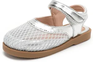 Toddler Girls Mesh Mary Jane Sandals, Hook and Loop Strap, Cream White with Brown Sole