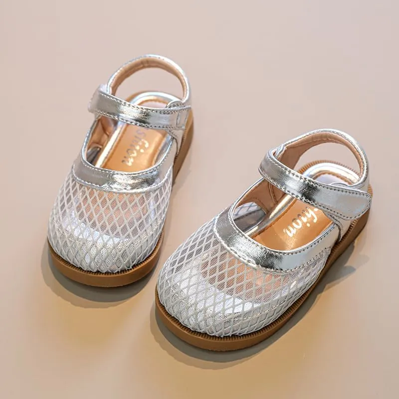 Toddler Girls Mesh Mary Jane Sandals, Hook and Loop Strap, Cream White with Brown Sole