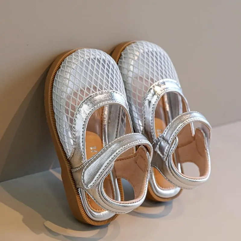 Toddler Girls Mesh Mary Jane Sandals, Hook and Loop Strap, Cream White with Brown Sole