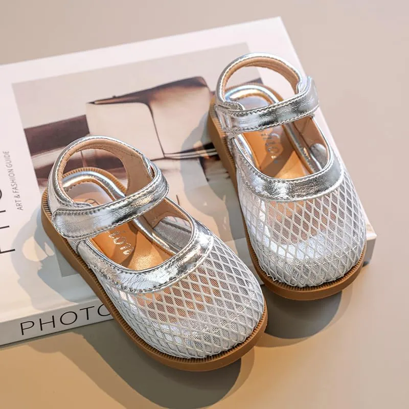 Toddler Girls Mesh Mary Jane Sandals, Hook and Loop Strap, Cream White with Brown Sole