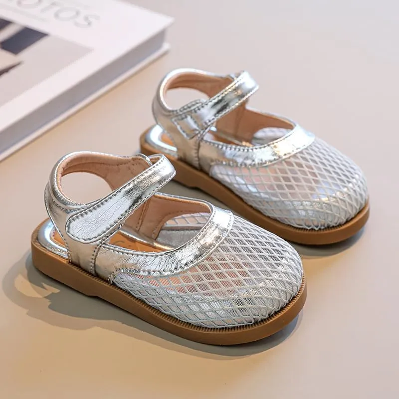 Toddler Girls Mesh Mary Jane Sandals, Hook and Loop Strap, Cream White with Brown Sole