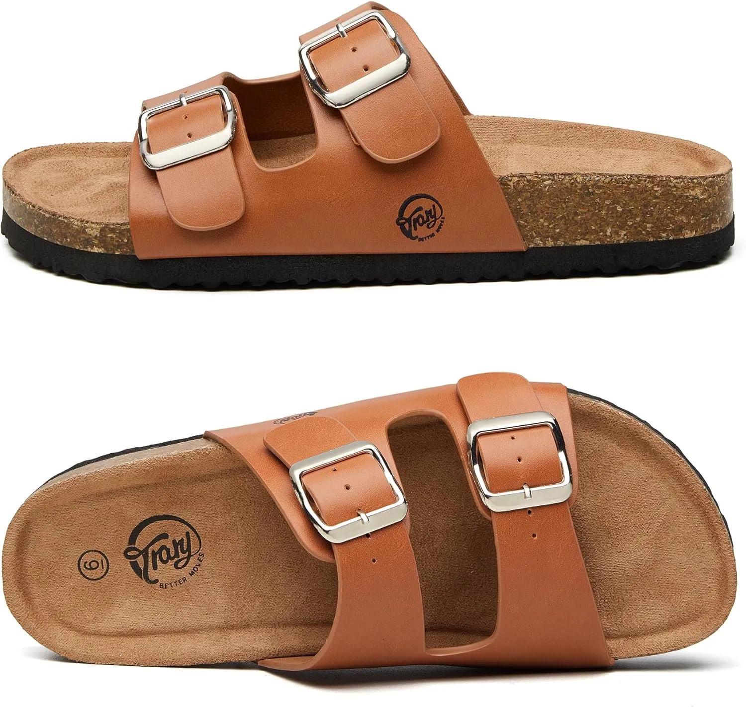 Trary Women's Sandals Cork Footbed Slide Sandals Comfortable Slip On Slides Summer Beach Flip Flops with Adjustable Buckle Casual Flat Sandals