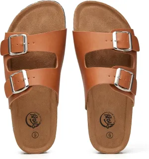 Trary Women's Sandals Cork Footbed Slide Sandals Comfortable Slip On Slides Summer Beach Flip Flops with Adjustable Buckle Casual Flat Sandals