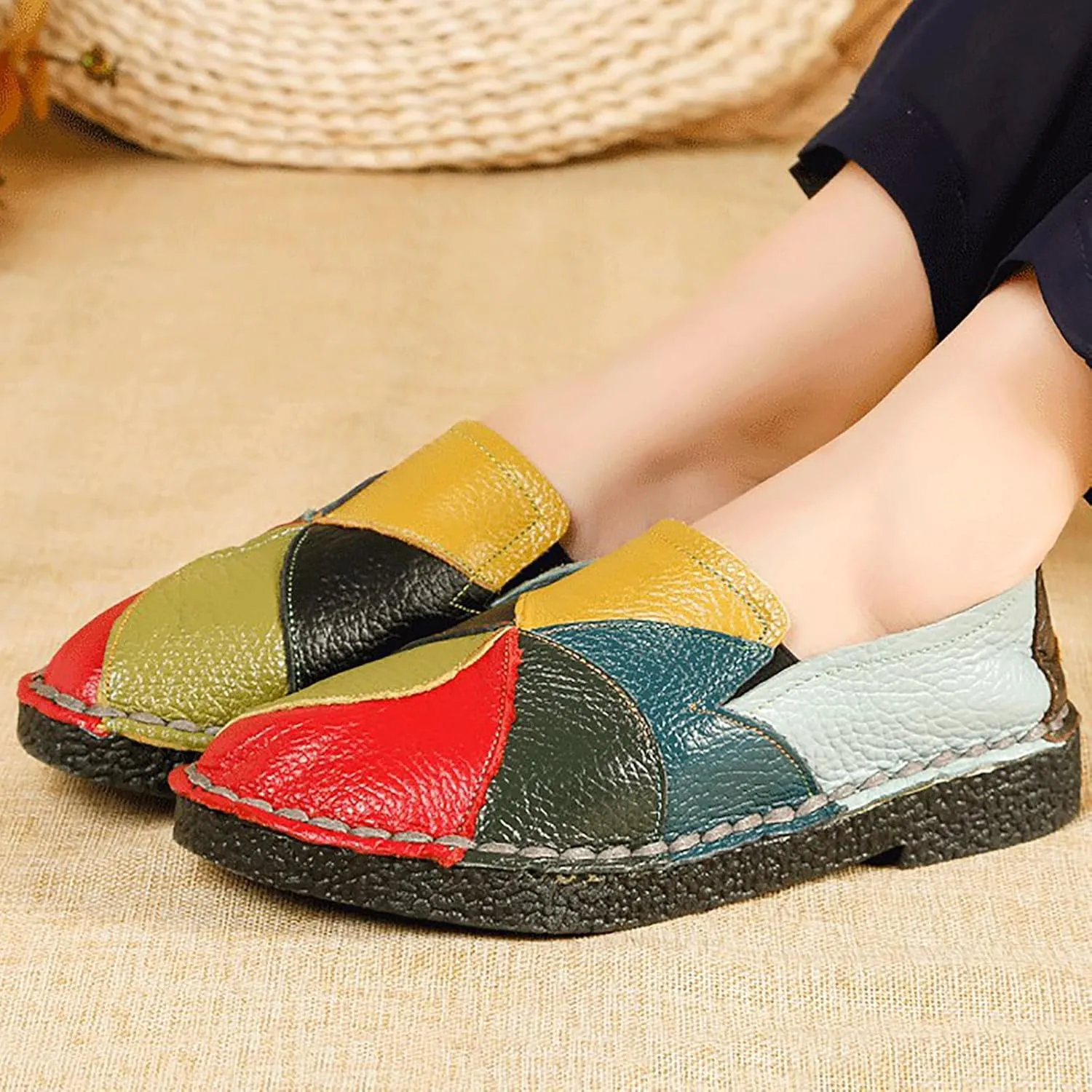Trsorini Women Casual Loafers Shoes Comfortable Multi Color Stitching Leather Slip on Shoes for Lady Soft Sole Flat Driving Walking Dress
