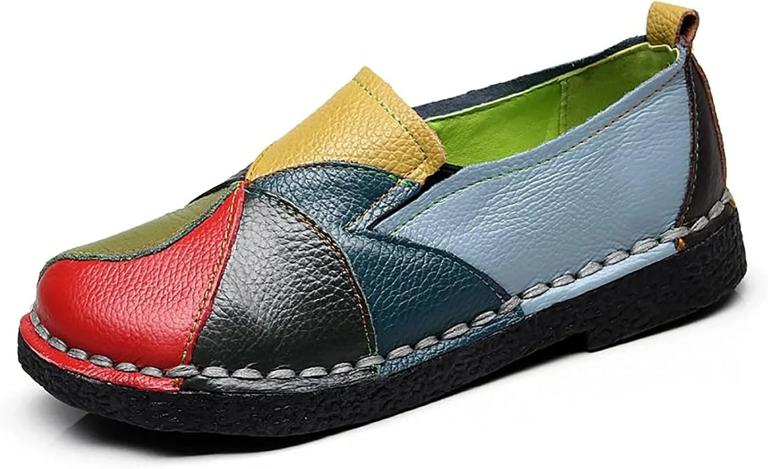 Trsorini Women Casual Loafers Shoes Comfortable Multi Color Stitching Leather Slip on Shoes for Lady Soft Sole Flat Driving Walking Dress