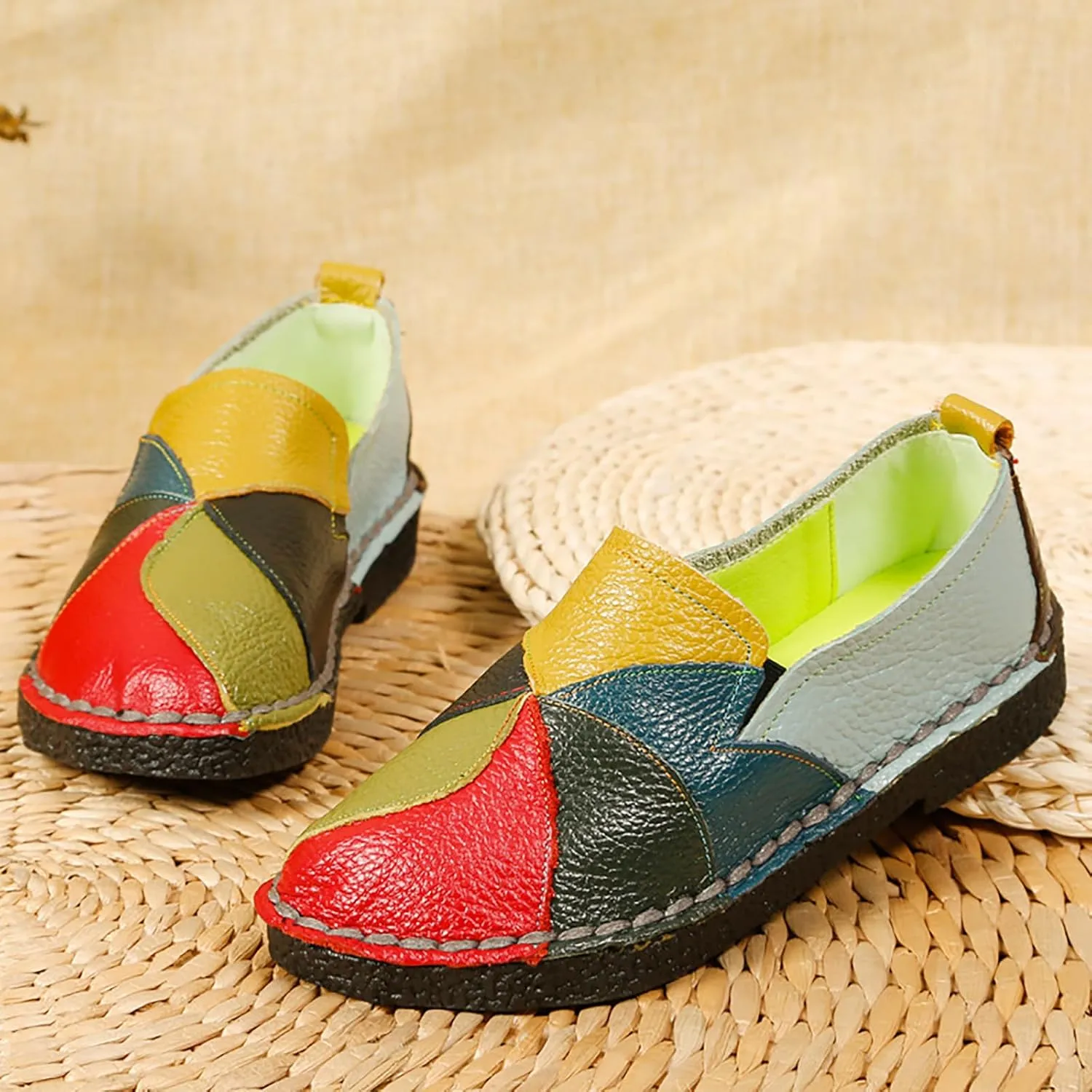 Trsorini Women Casual Loafers Shoes Comfortable Multi Color Stitching Leather Slip on Shoes for Lady Soft Sole Flat Driving Walking Dress