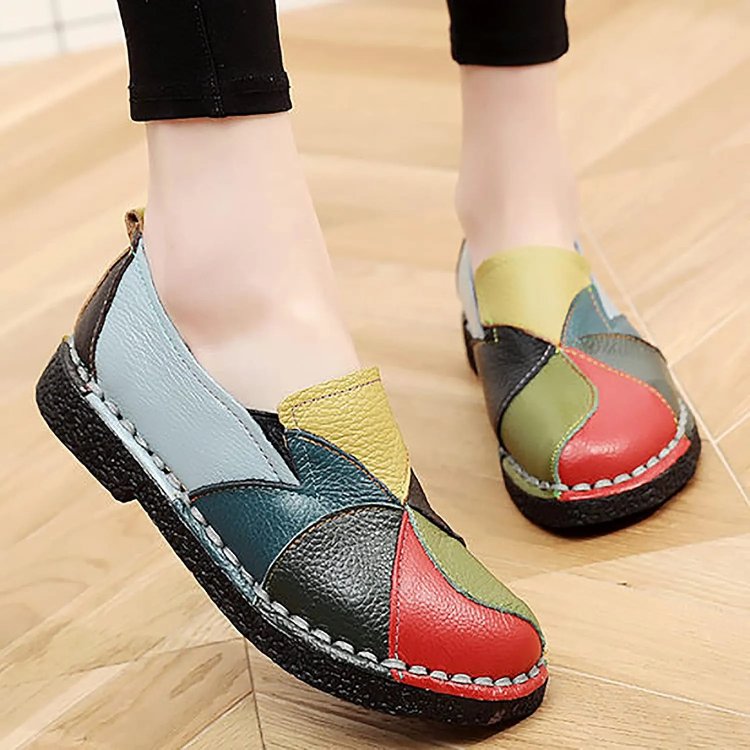 Trsorini Women Casual Loafers Shoes Comfortable Multi Color Stitching Leather Slip on Shoes for Lady Soft Sole Flat Driving Walking Dress