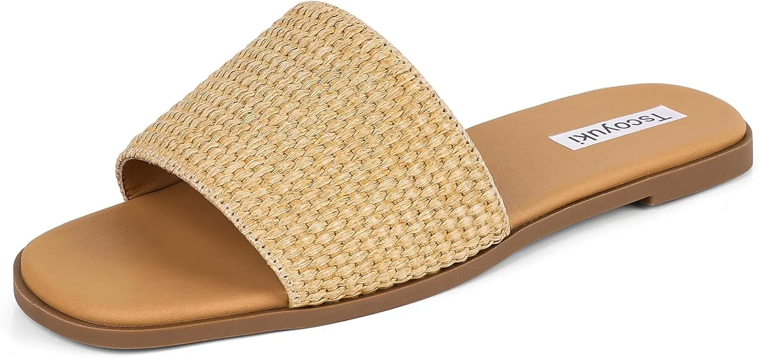 Tscoyuki Slides Sandals for Women Basic Slip On Flat Sandals Open Toe Comfort Beach Sandals Slippers for Casual Dressy Summer