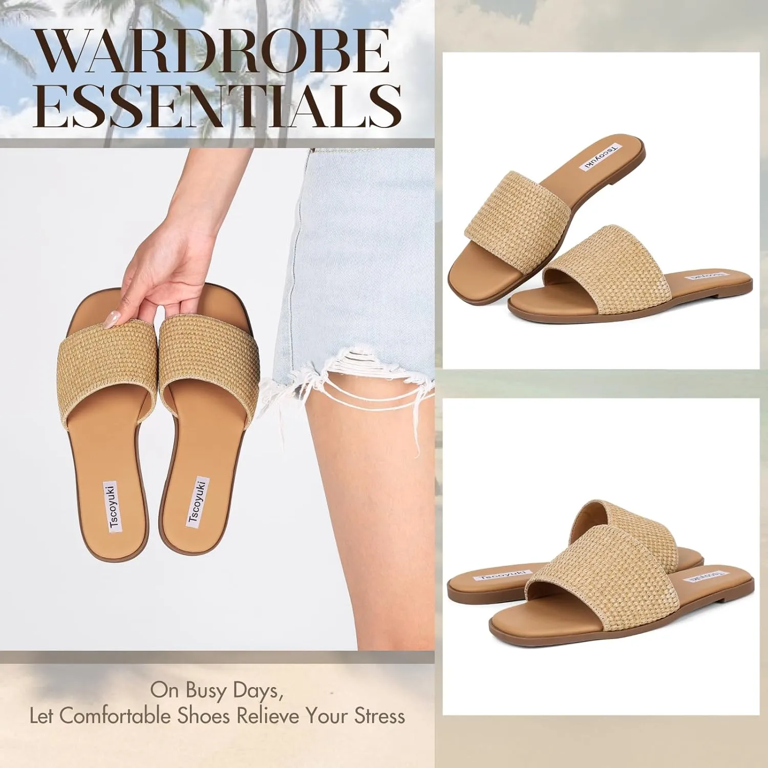 Tscoyuki Slides Sandals for Women Basic Slip On Flat Sandals Open Toe Comfort Beach Sandals Slippers for Casual Dressy Summer