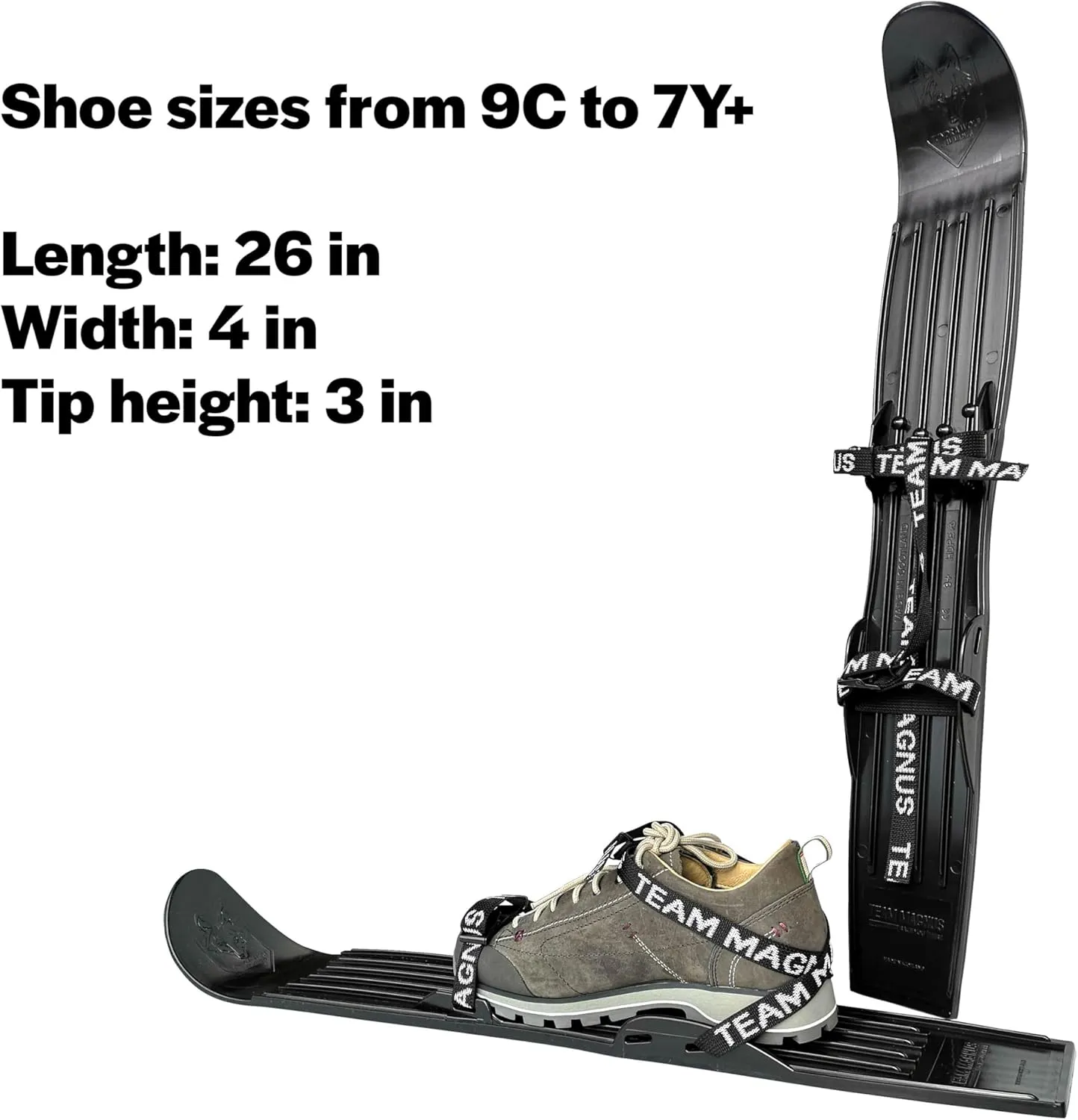 Tundra Wolf Kids skis - skis for Kids with Universal bindings for Toddlers and up -Shoe Size 9C to 7Y - Build Balance and Technique with Flexible ski Skates (26'' x 4'' with 3'' tip)