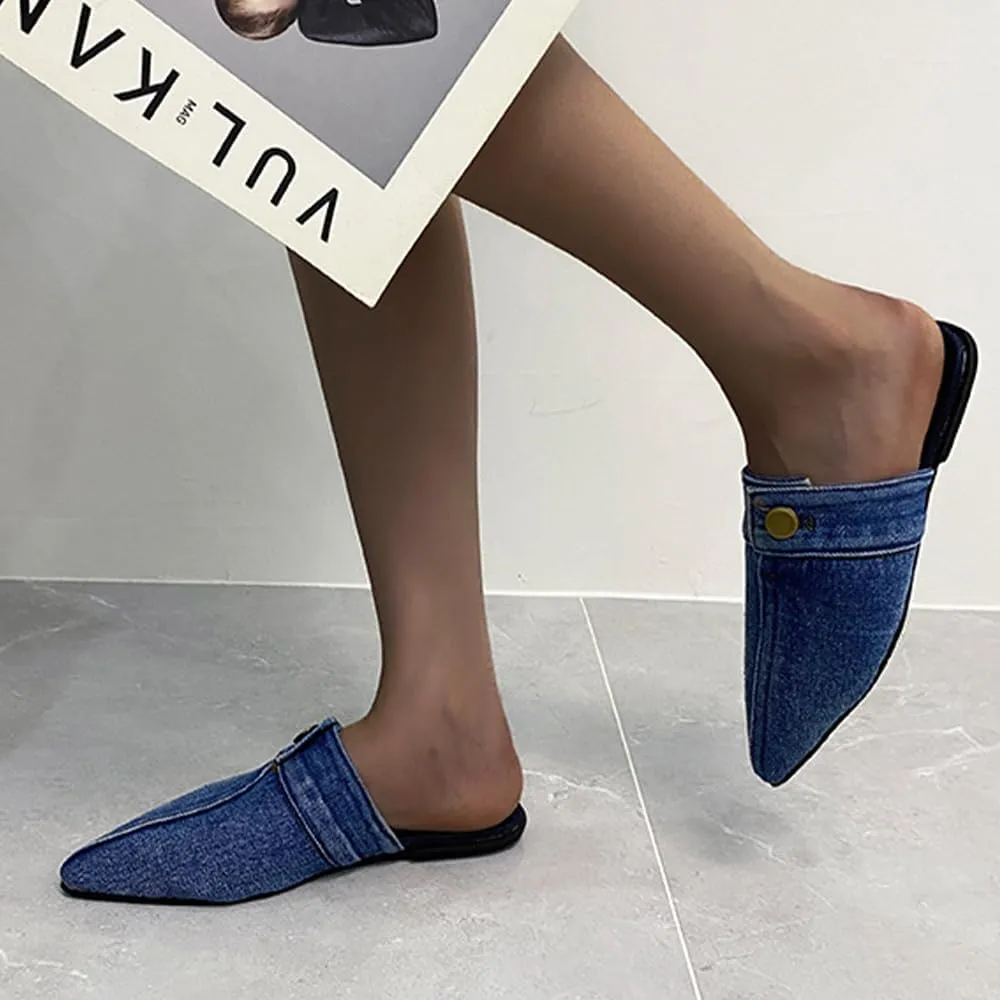 Ulalaza Women's Denim Slides Casual Jean Cloth Flat Mules Open Toe Wedge Slippers Platform Clogs Non-Slip Boho Sandals Close Pointed Toe Heels Backless Slip-On Loafers Walking Flip Flops
