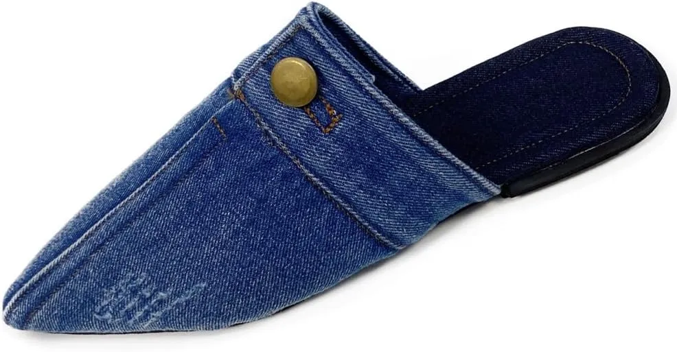 Ulalaza Women's Denim Slides Casual Jean Cloth Flat Mules Open Toe Wedge Slippers Platform Clogs Non-Slip Boho Sandals Close Pointed Toe Heels Backless Slip-On Loafers Walking Flip Flops