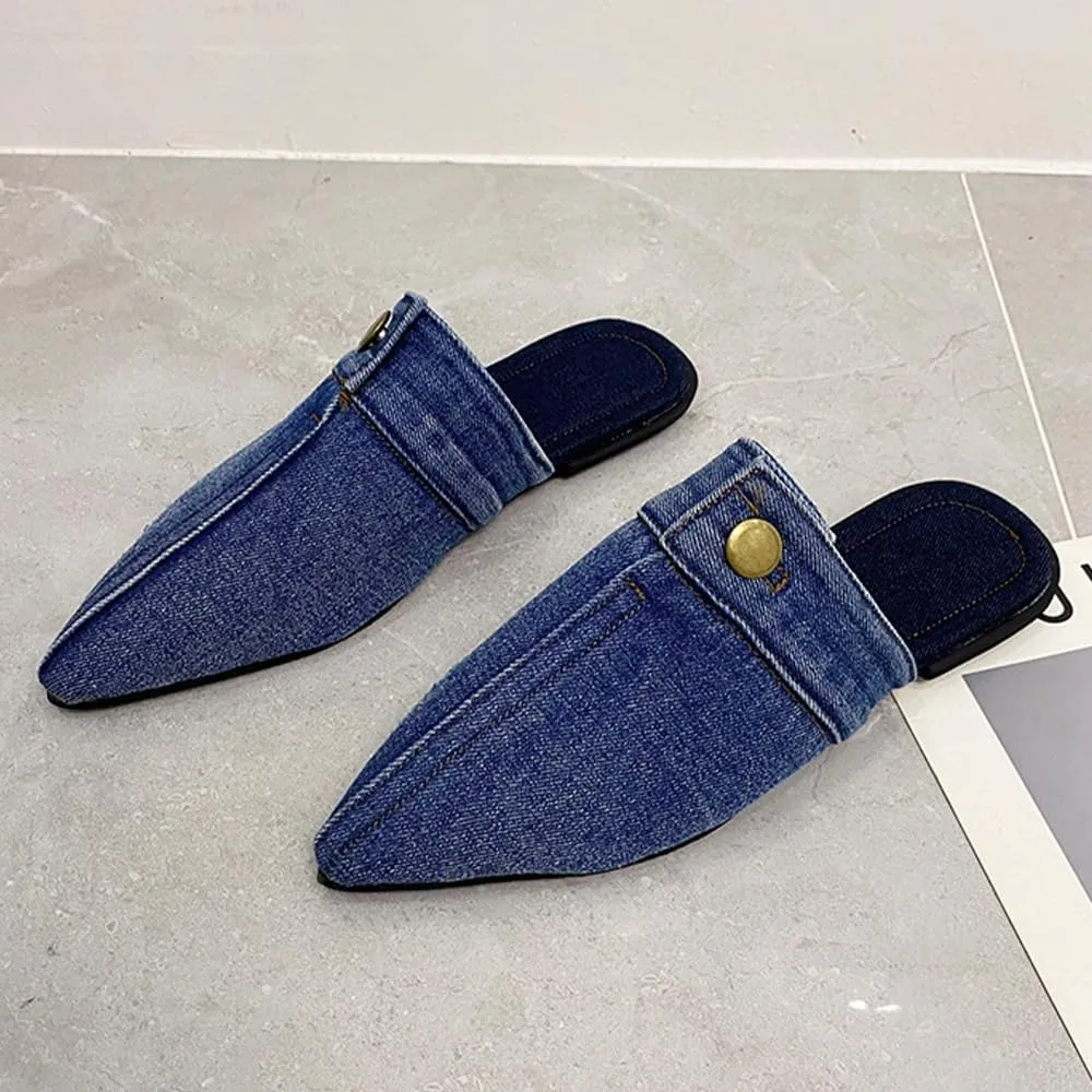 Ulalaza Women's Denim Slides Casual Jean Cloth Flat Mules Open Toe Wedge Slippers Platform Clogs Non-Slip Boho Sandals Close Pointed Toe Heels Backless Slip-On Loafers Walking Flip Flops