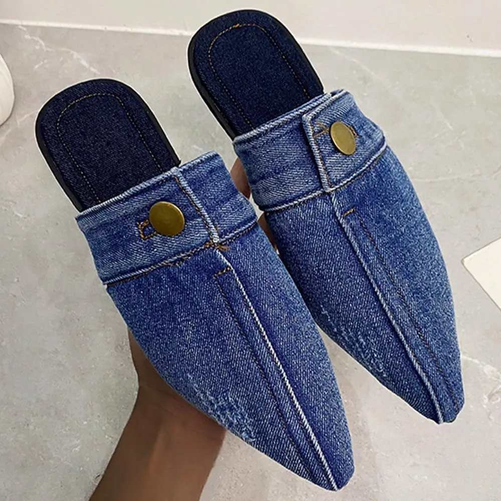 Ulalaza Women's Denim Slides Casual Jean Cloth Flat Mules Open Toe Wedge Slippers Platform Clogs Non-Slip Boho Sandals Close Pointed Toe Heels Backless Slip-On Loafers Walking Flip Flops