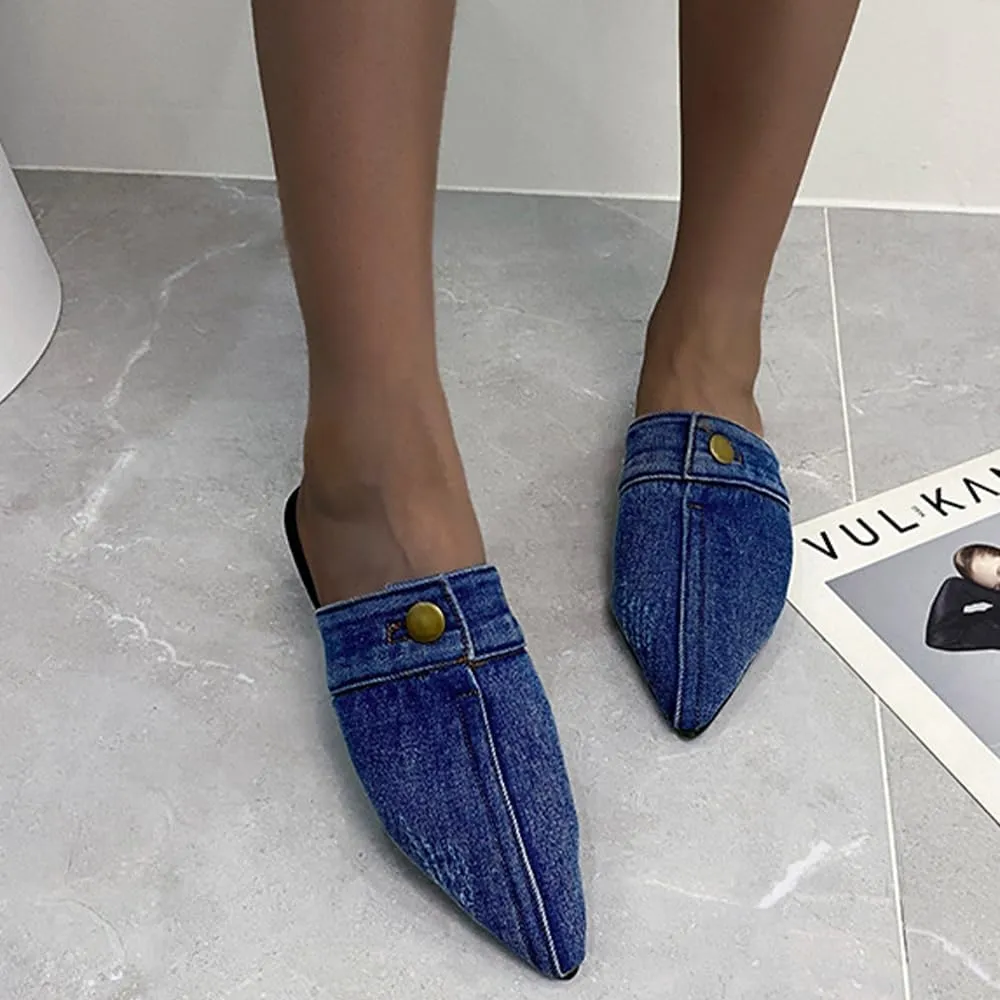 Ulalaza Women's Denim Slides Casual Jean Cloth Flat Mules Open Toe Wedge Slippers Platform Clogs Non-Slip Boho Sandals Close Pointed Toe Heels Backless Slip-On Loafers Walking Flip Flops