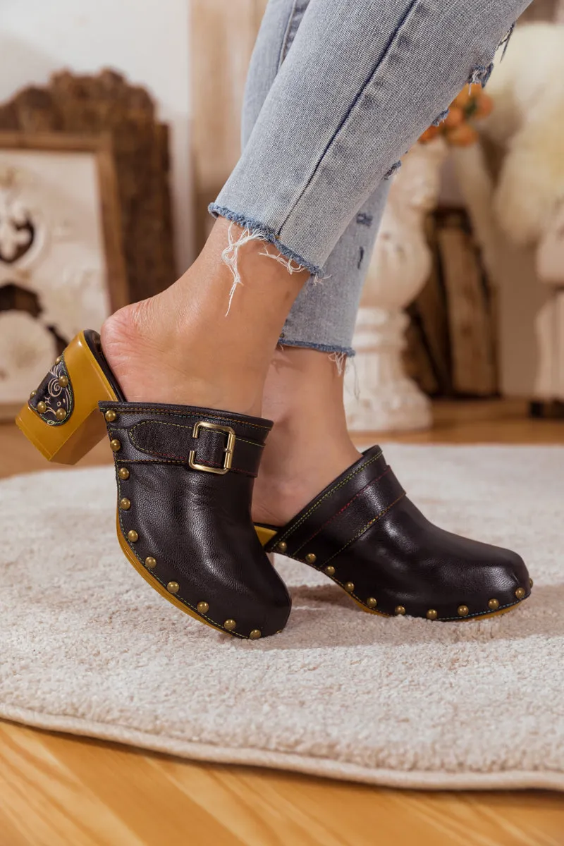 Vicconfy | BLACK LEATHER BLOCK HEEL CLOG