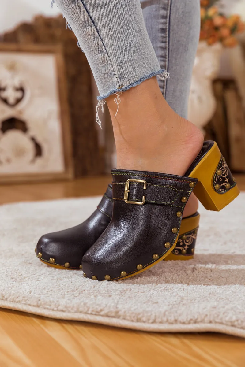 Vicconfy | BLACK LEATHER BLOCK HEEL CLOG