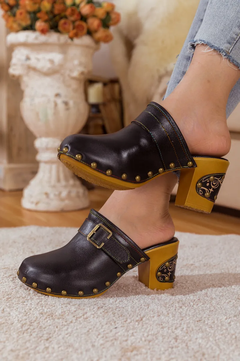 Vicconfy | BLACK LEATHER BLOCK HEEL CLOG