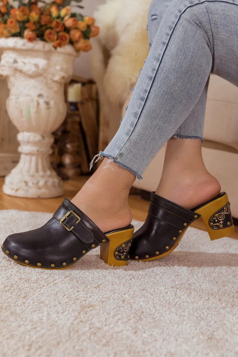 Vicconfy | BLACK LEATHER BLOCK HEEL CLOG