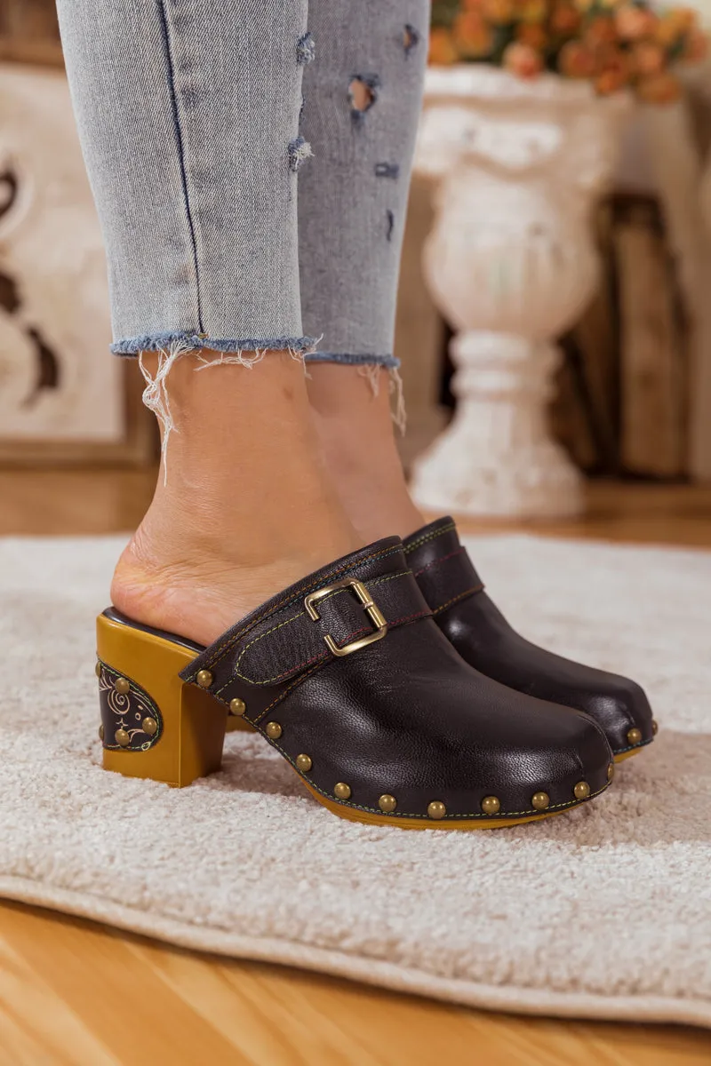 Vicconfy | BLACK LEATHER BLOCK HEEL CLOG