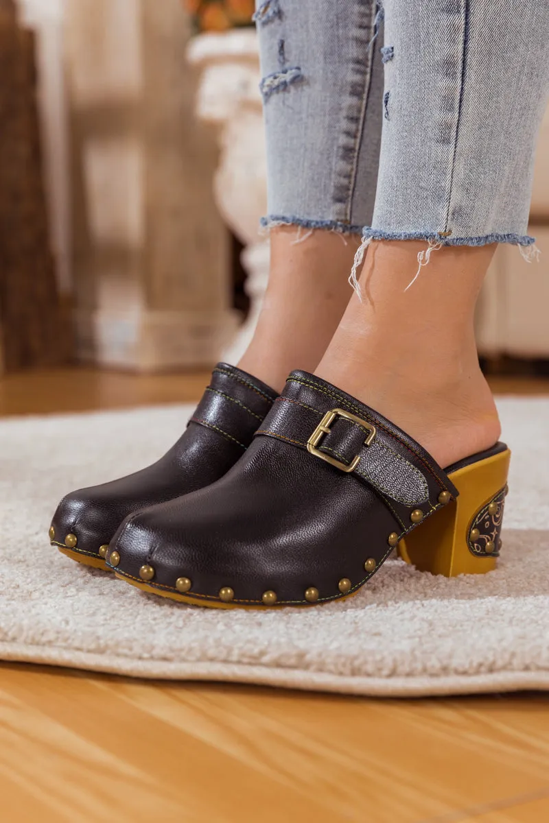 Vicconfy | BLACK LEATHER BLOCK HEEL CLOG
