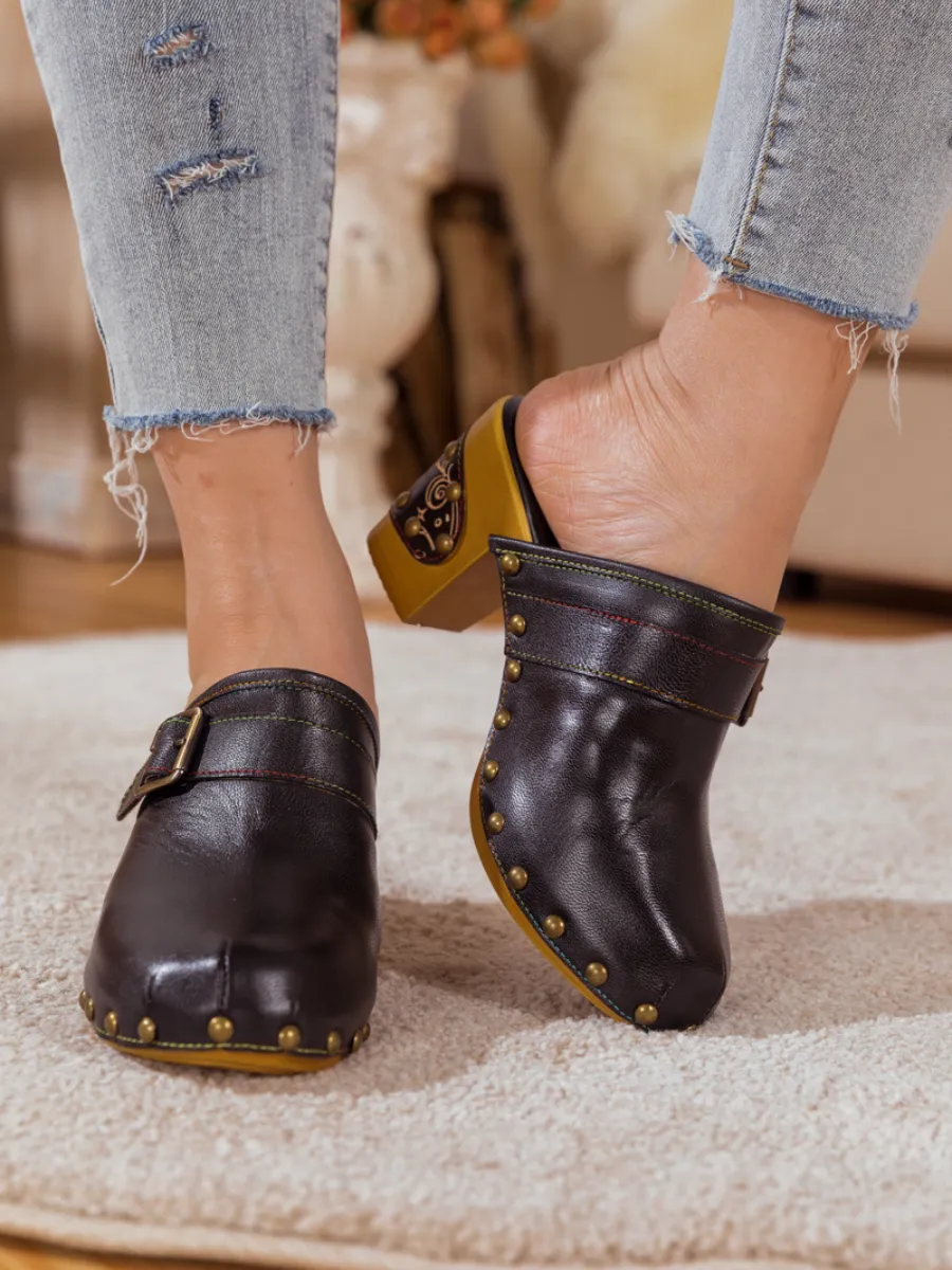 Vicconfy | BLACK LEATHER BLOCK HEEL CLOG