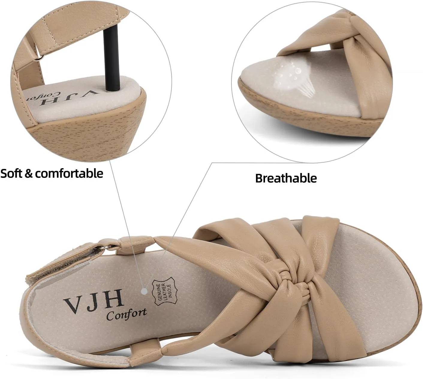 VJH confort Women’s Wedge Sandals, Comfortable Platform Cushioned Insole Strappy Round Toe Casual Wedge Sandals
